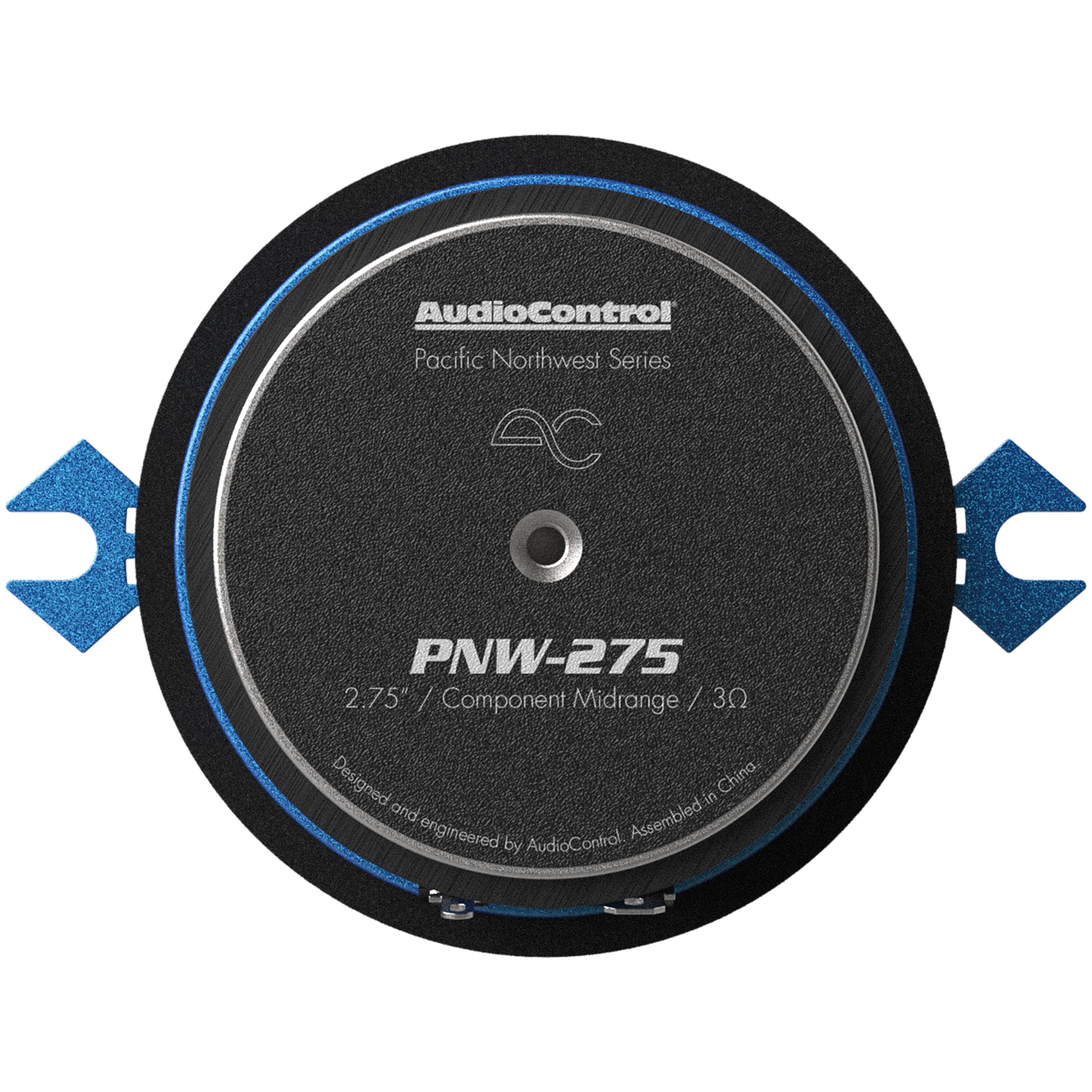 The text on the image reads: "AudioControl Pacific Northwest Series PNW-275 2.75" / Component Midrange / 30 Designed and Assembled in China."