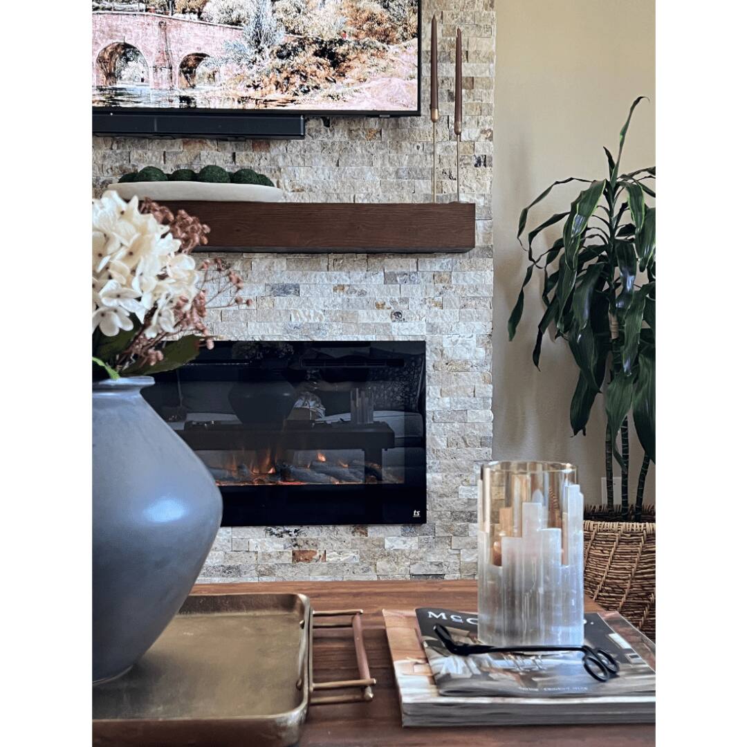 Back. Touchstone Home Products - Fireplace Mantel Shelf , 60" x 8" x 4.75", Solid Pine Wood Mantel for Over Fireplace - Espresso Finish.