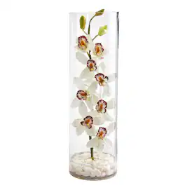BreeBe - 20" Cymbidium Orchid Artificial Arrangement in Tall Vase - White