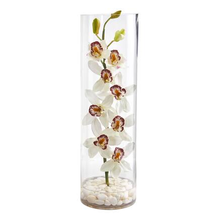 Front. BreeBe - 20" Cymbidium Orchid Artificial Arrangement in Tall Vase - White.