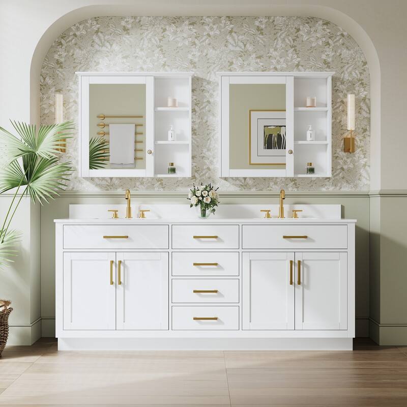 Back. WELLFOR - 80" Solid Wood Bathroom Vanity with Double Sink, 4 Soft-Close Doors, 6 Drawers& Cultured Marble Countertop - White.