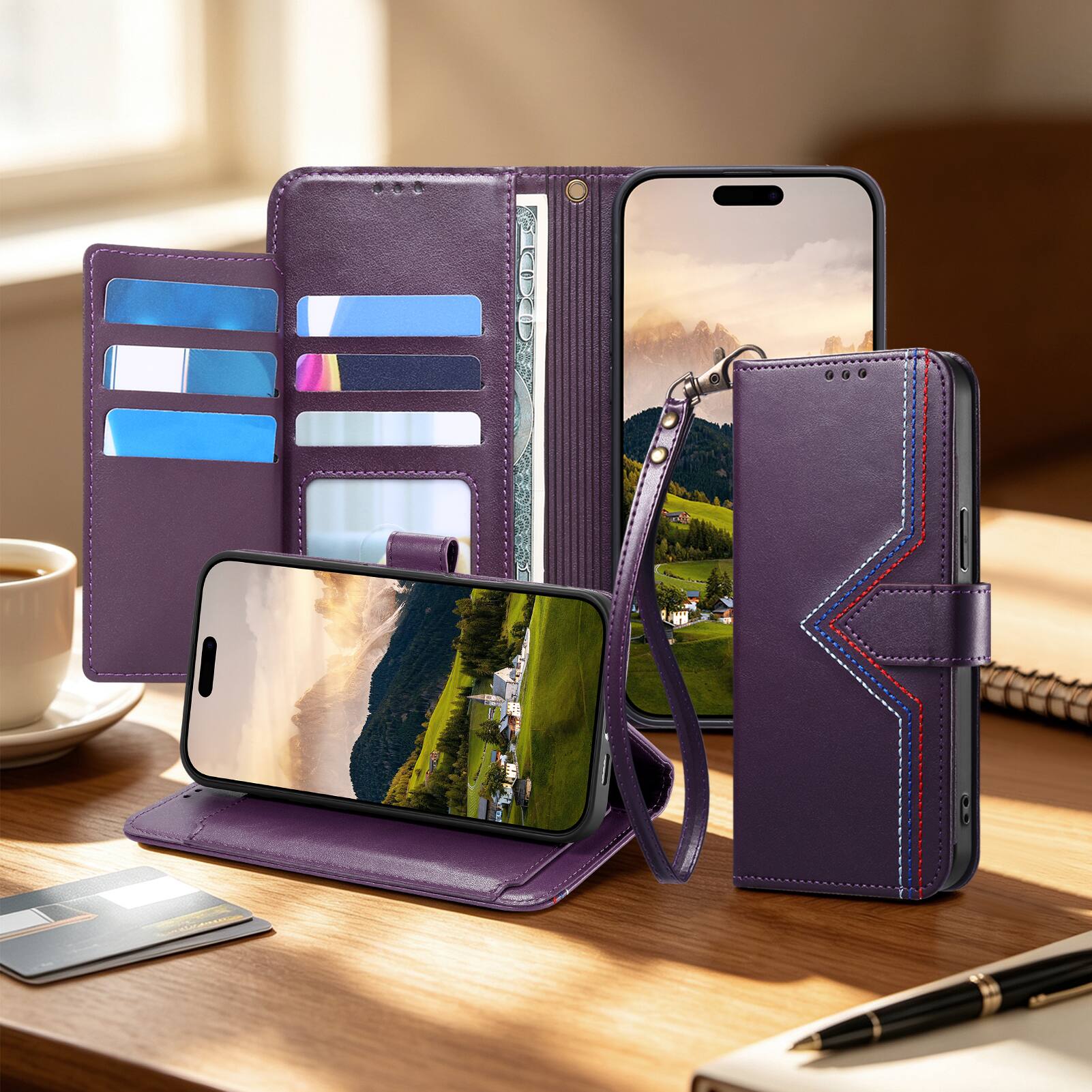 Alt View 8. Dteck - Wallet Phone Case for Google Pixel 11 Pro XL with Wrist Strap, Slim Shockproof Leather Kickstand Folio Protective Cover - Purple.