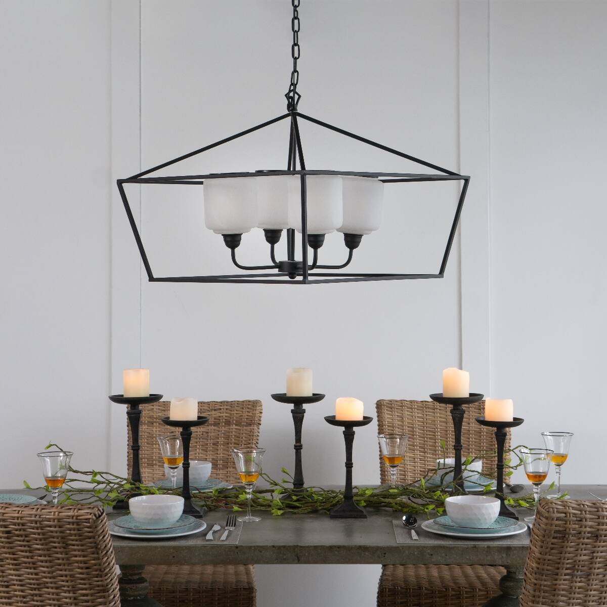 Alt View 3. Loheer - Loheer Black Iron Chandelier, Rectangle Glass Shade Industrial Hanging Light Fixture for Dining Room.