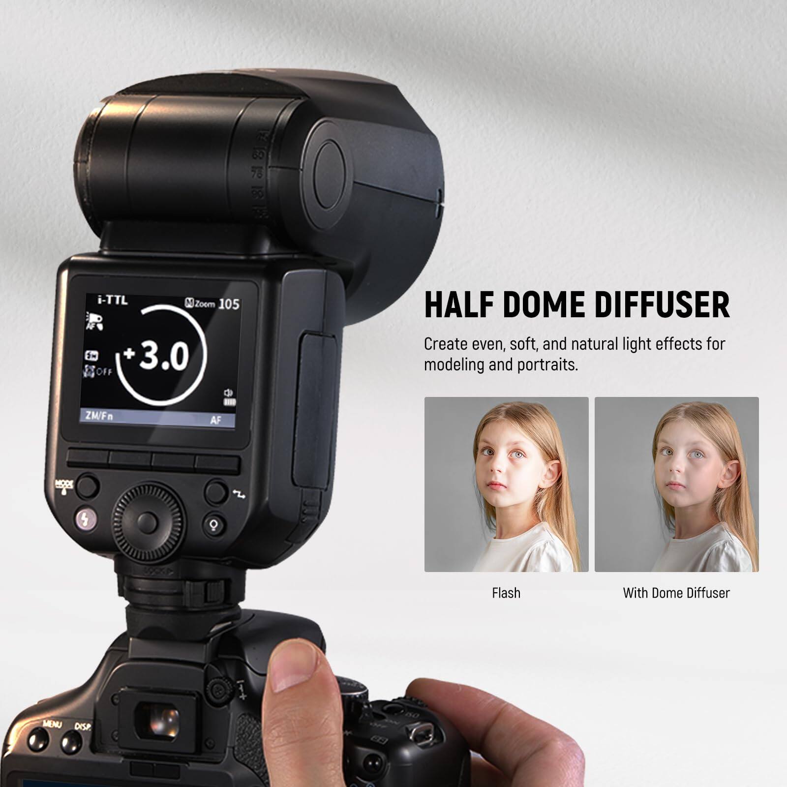 8 sP 78 g9 i-TTL M Zoer 105 + 3.0 OFF . HALF DOME DIFFUSER Create even, soft, and natural light effects for modeling and portraits. ZM/Fn . AF MODE Flash With Dome Diffuser MENU