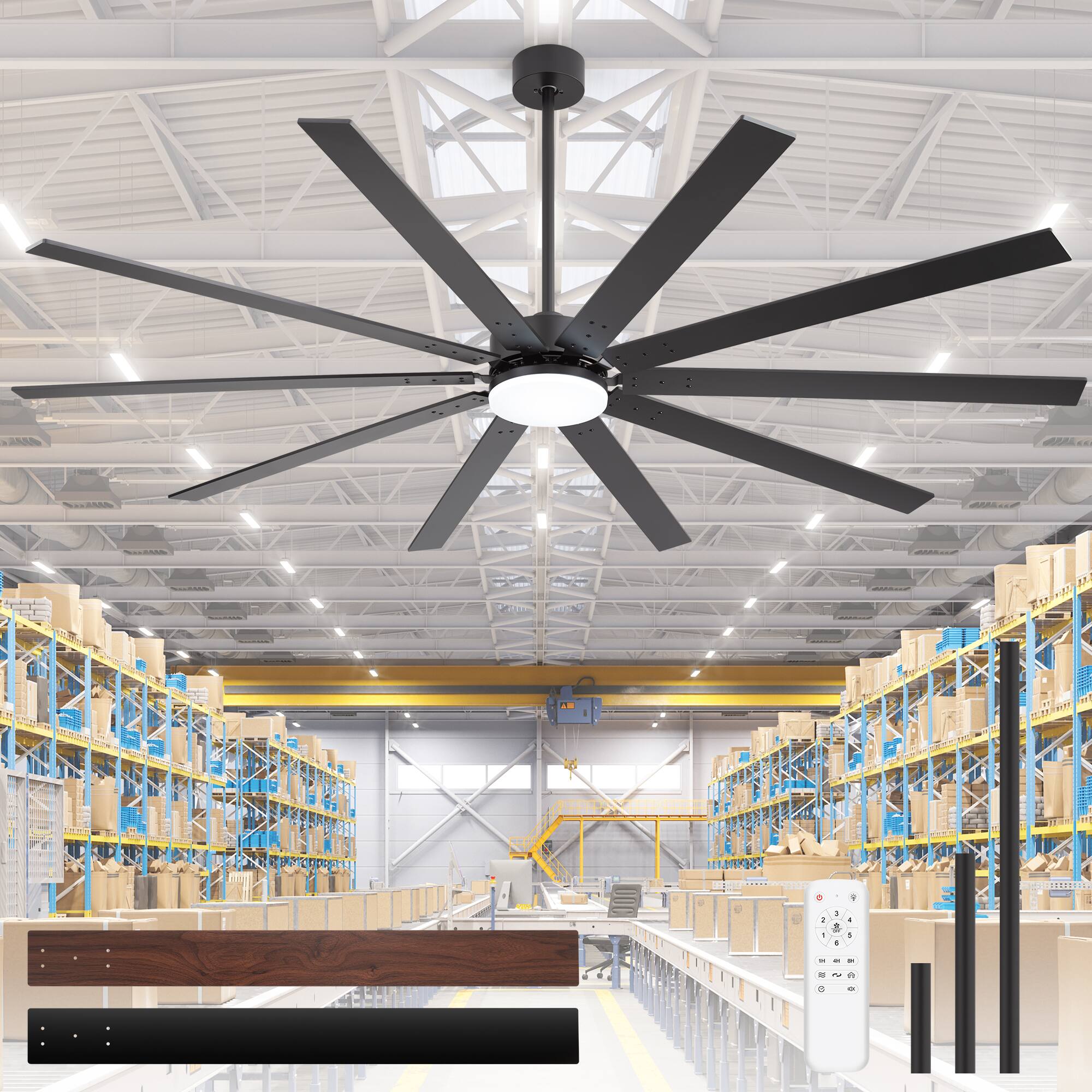 Left. Breezary - 84-Inch LED Ceiling Fan with 10 Plywood Blades,8/12/24-Inch Downrods, 6-Speed Remote Control - matte black and walnut.