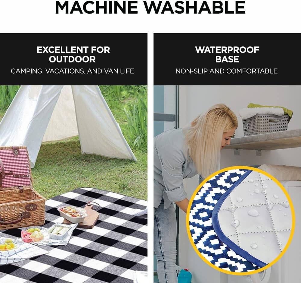 MACHINE WASHABLE

EXCELLENT FOR OUTDOOR  
CAMPING, VACATIONS, AND VAN LIFE

WATERPROOF BASE  
NON-SLIP AND COMFORTABLE