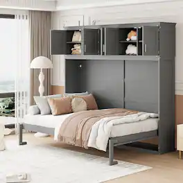 Tiramisubest - Queen Size Gray Murphy Wall Bed with Cabinets, Plywood, Space-Saving - Gray