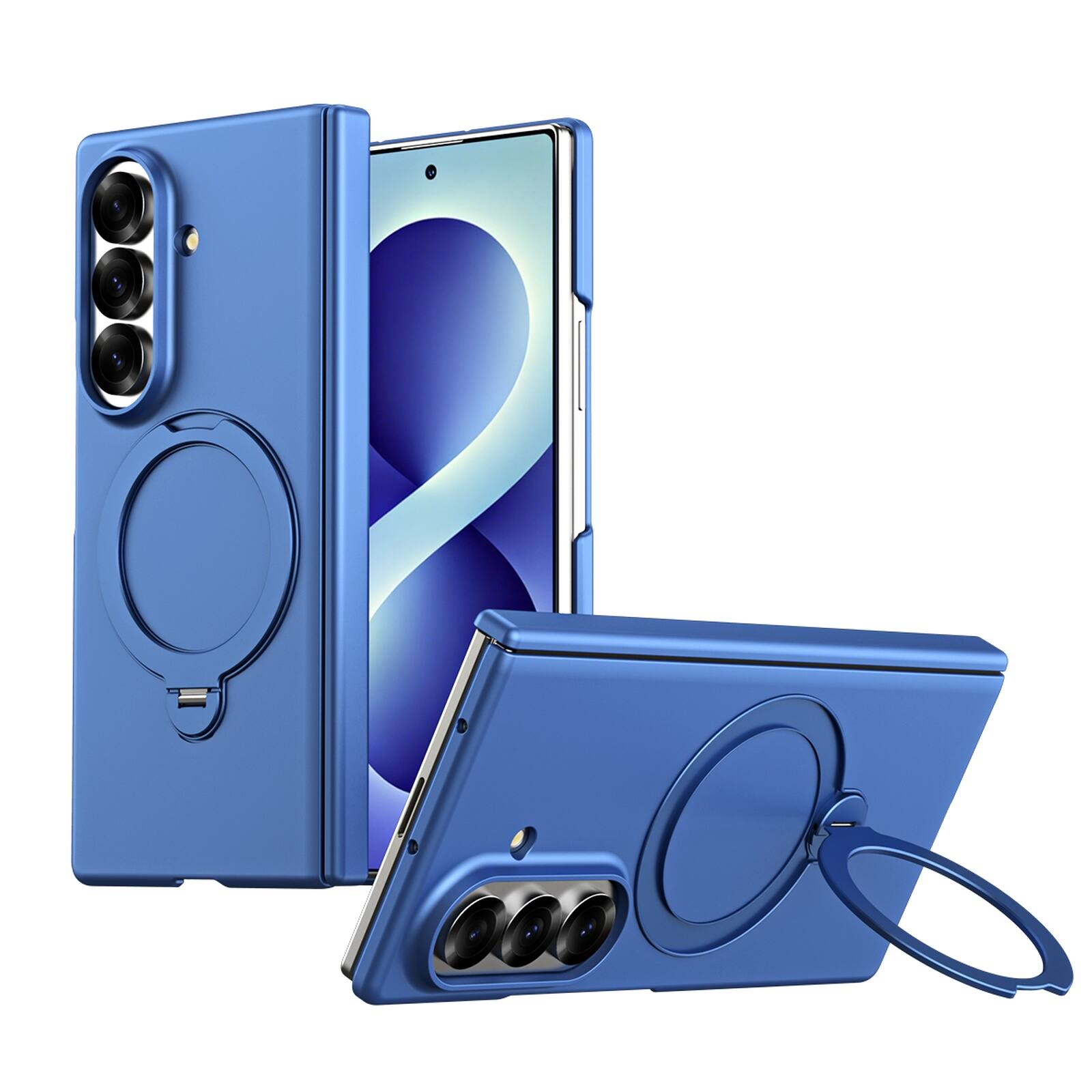 Angle. Dteck - Magnetic Case for Samsung Galaxy Z Fold7 with Built-in Screen Protector, Shockproof 360 Rotating Kickstand Hinge Cover - Blue.