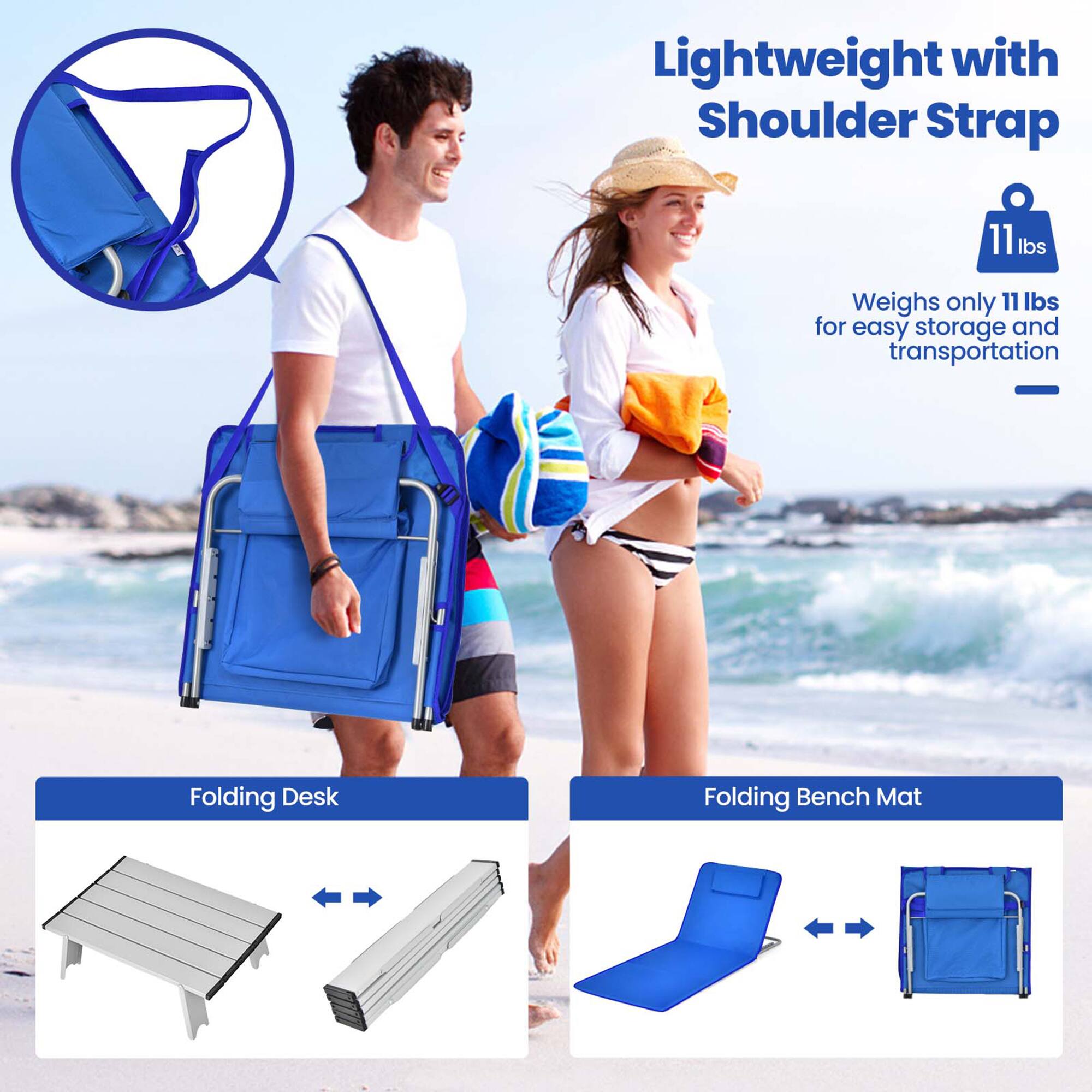 Lightweight with Shoulder Strap  
Weighs only 11 lbs for easy storage and transportation  

Folding Desk  
Folding Bench Mat