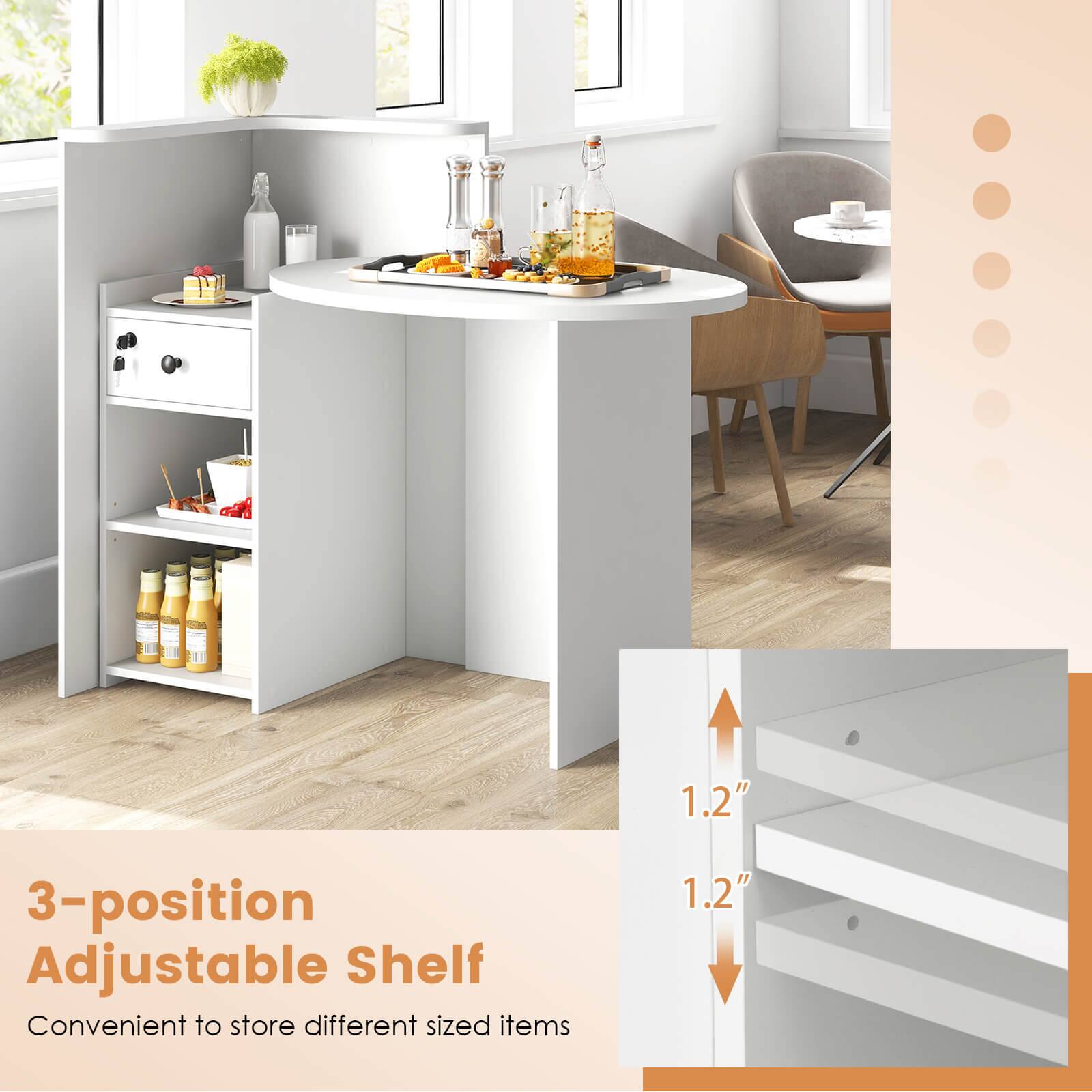 The text on the image reads: "3-position Adjustable Shelf Convenient to store different sized items 1.2". This suggests that the shelf is designed to accommodate various sizes of items and can be adjusted to three different positions for optimal storage.