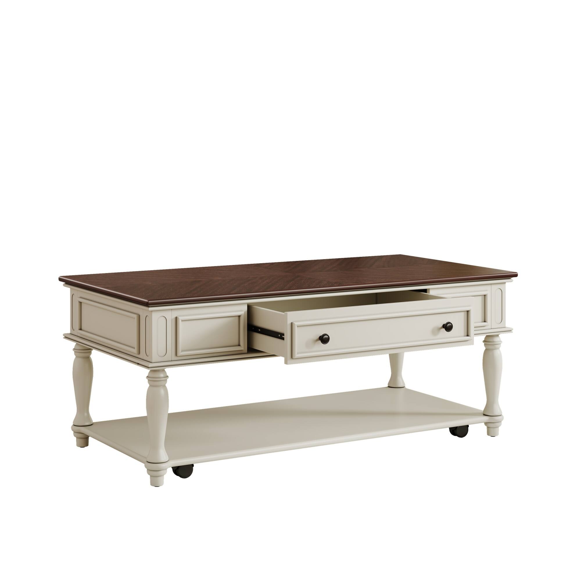 Alt View 6. Tiramisubest - Farmhouse Coffee Table with One Drawer,Retro Movable Rectangular Center Table with Lockable Wheels,Walnut+White - White+Walnut.
