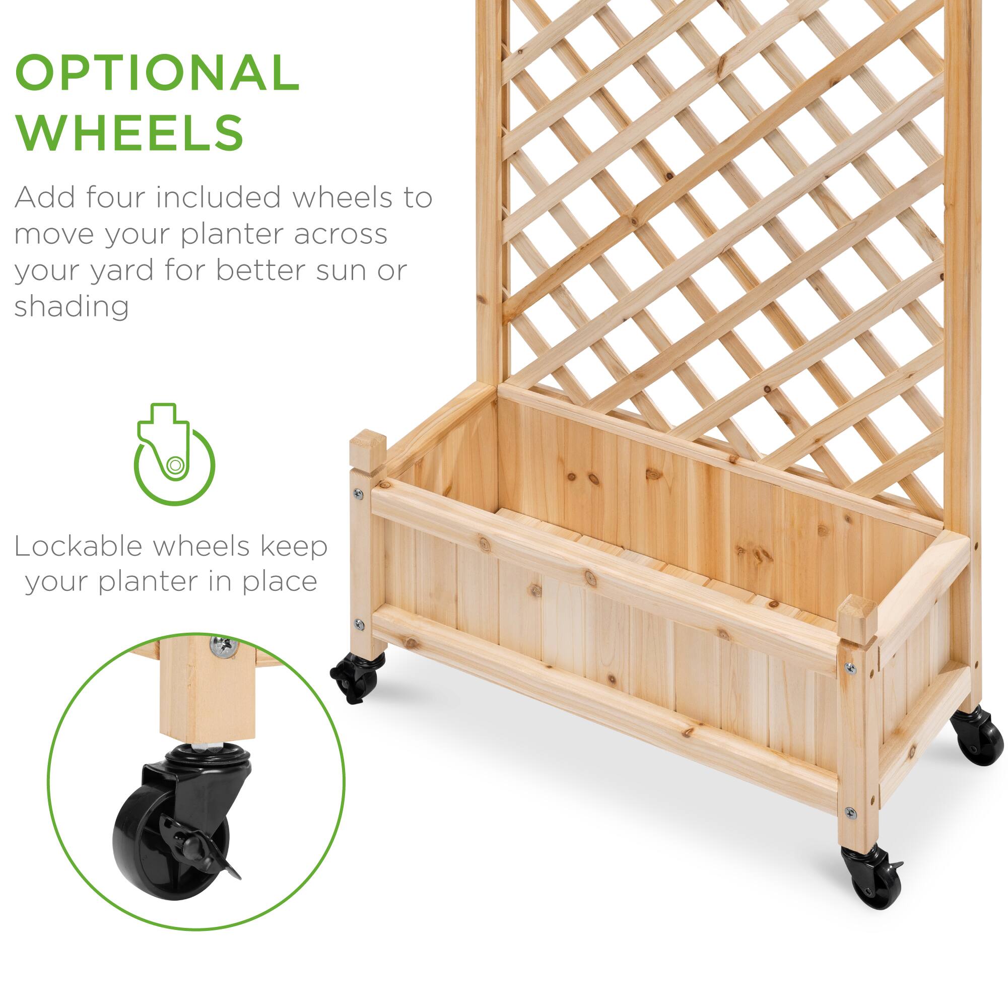 OPTIONAL WHEELS

Add four included wheels to move your planter across your yard for better sun or shading

Lockable wheels keep your planter in place