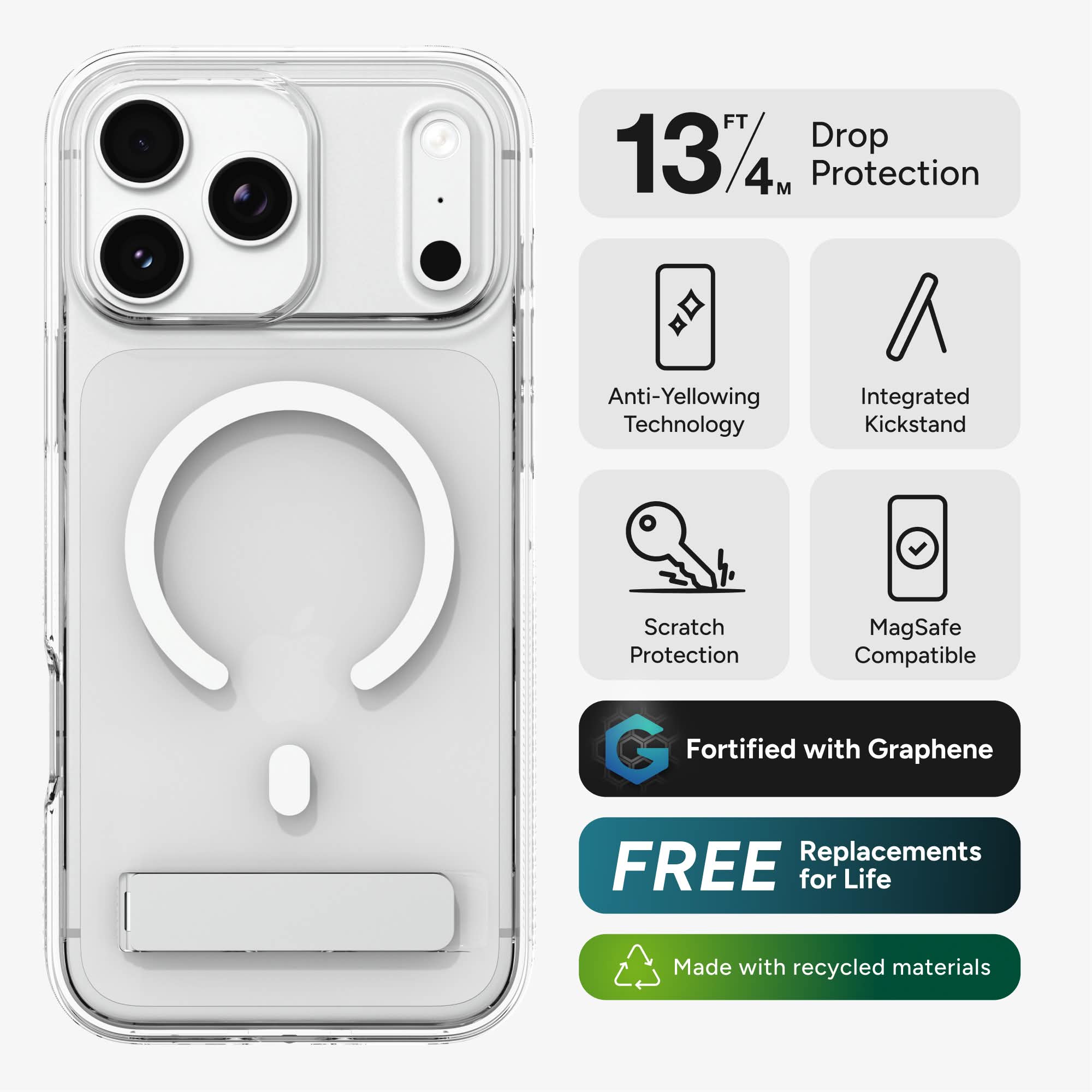 13 FT / 4 M Protection  
Anti-Yellowing Technology  
Integrated Kickstand  
Scratch Protection  
MagSafe Compatible  
Fortified with Graphene  
FREE Replacements for Life  
Made with recycled materials