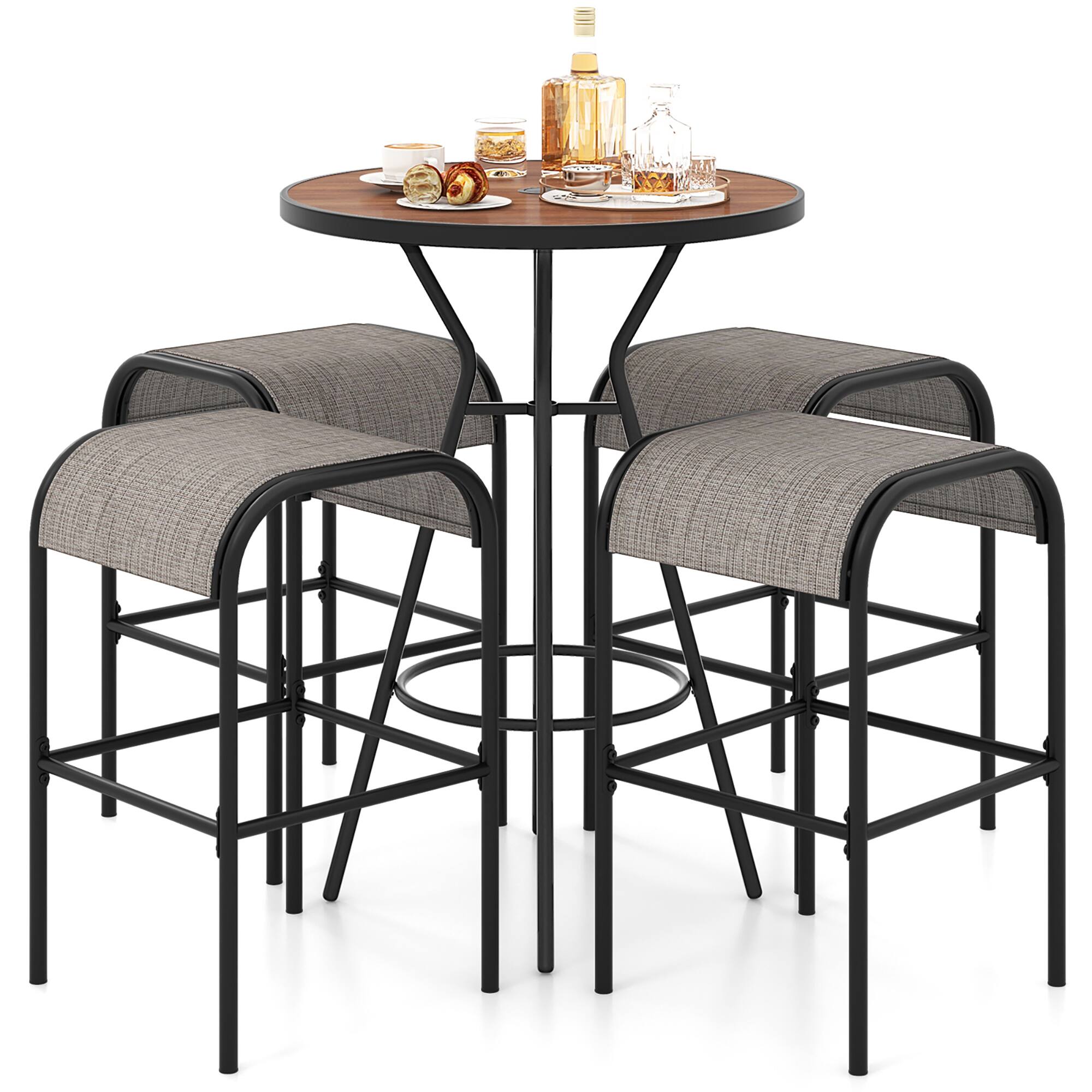 Alt View 9. Gymax - Gymax 5 PCS Patio Bistro Set Round Table w/ 1.6'' Umbrella Hole & 4 Stools Metal Frame - Natural, Black.