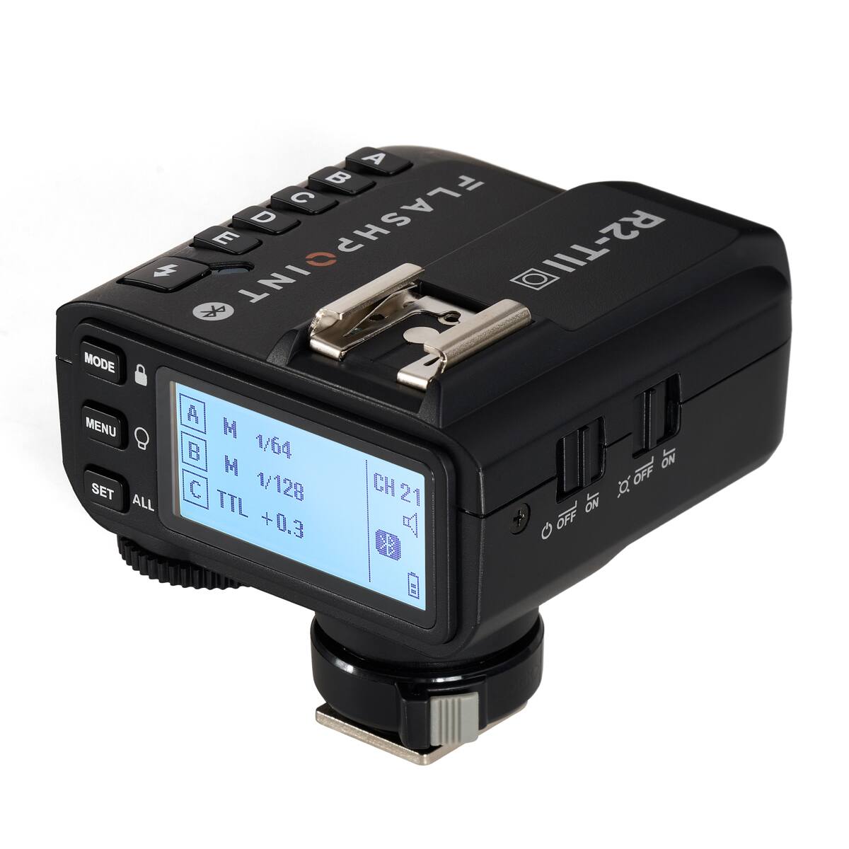 MODE A  
D 4  
E FLASHPOINT INT R2-TI  
MENU SET ALL  
A M 1/64  
B M 1/128  
C TTL +0.3  
CH 21  
ON  
OFF  
OFF  
ON