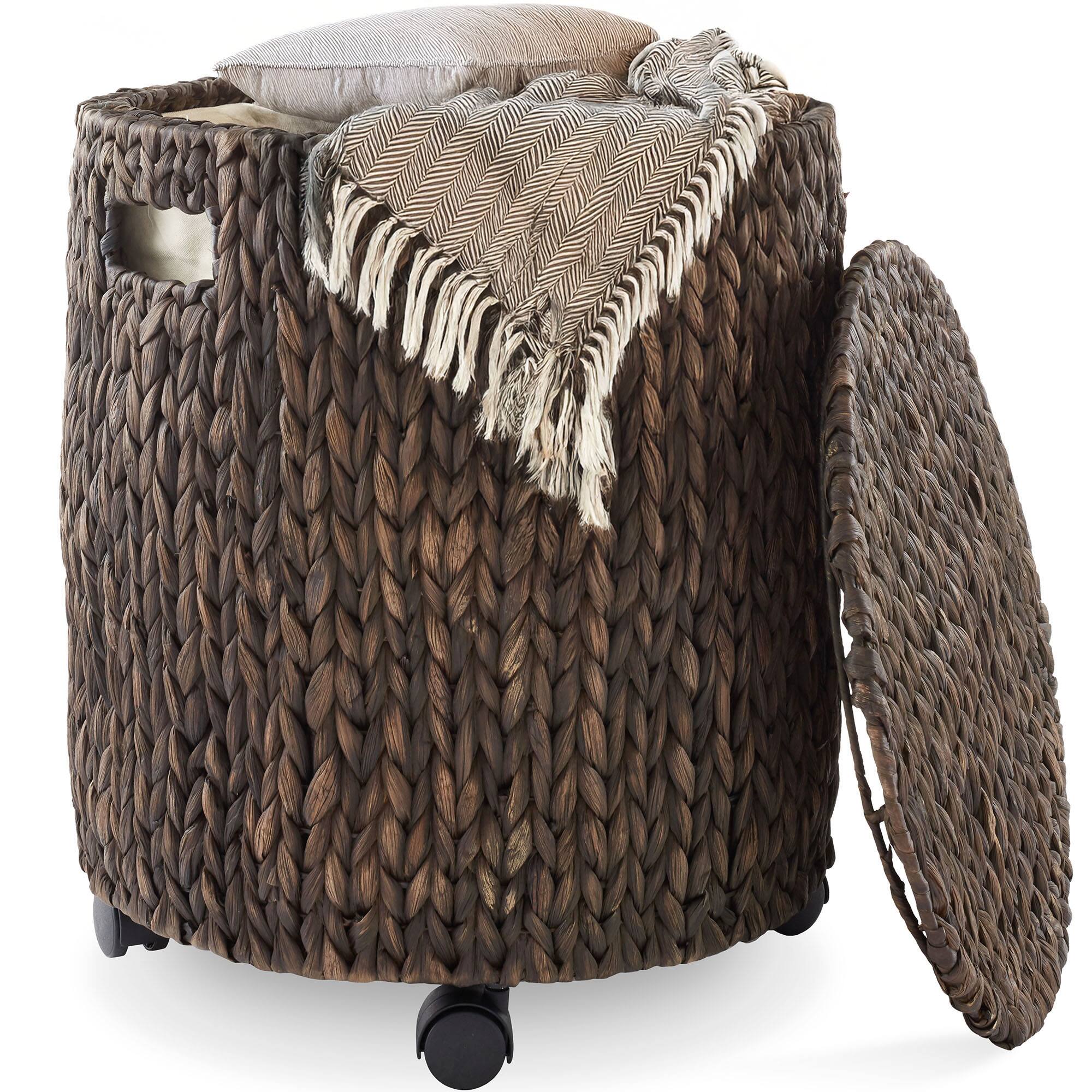 Alt View 2. Casafield - Rolling Storage Basket with Lid and Locking Wheels - Hyacinth Wicker - Espresso.