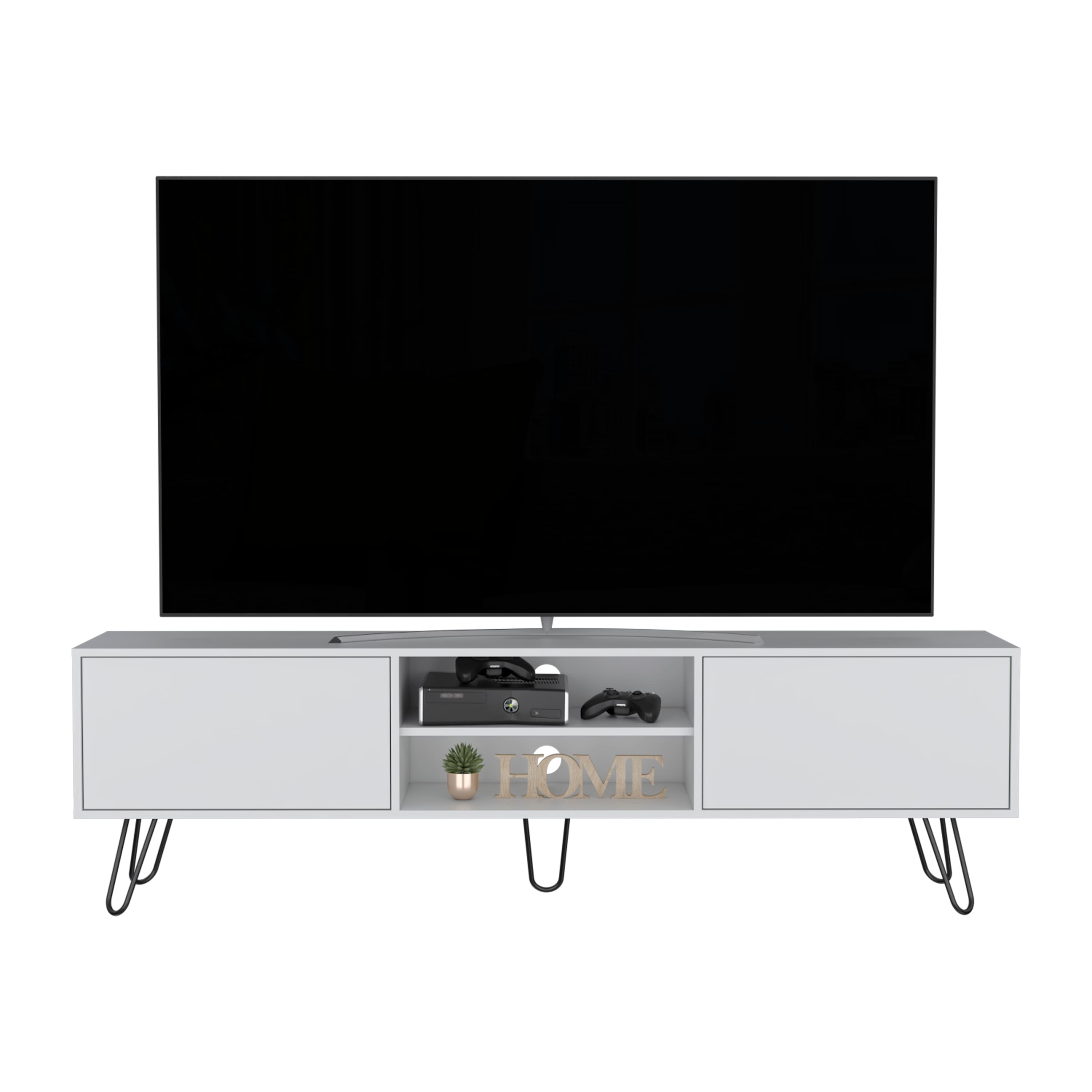 Spaco - 55-Inch TV Stand with 2 Drawers, Open Shelves, Cable Management and Industrial Hairpin Legs, for Living Room - White
