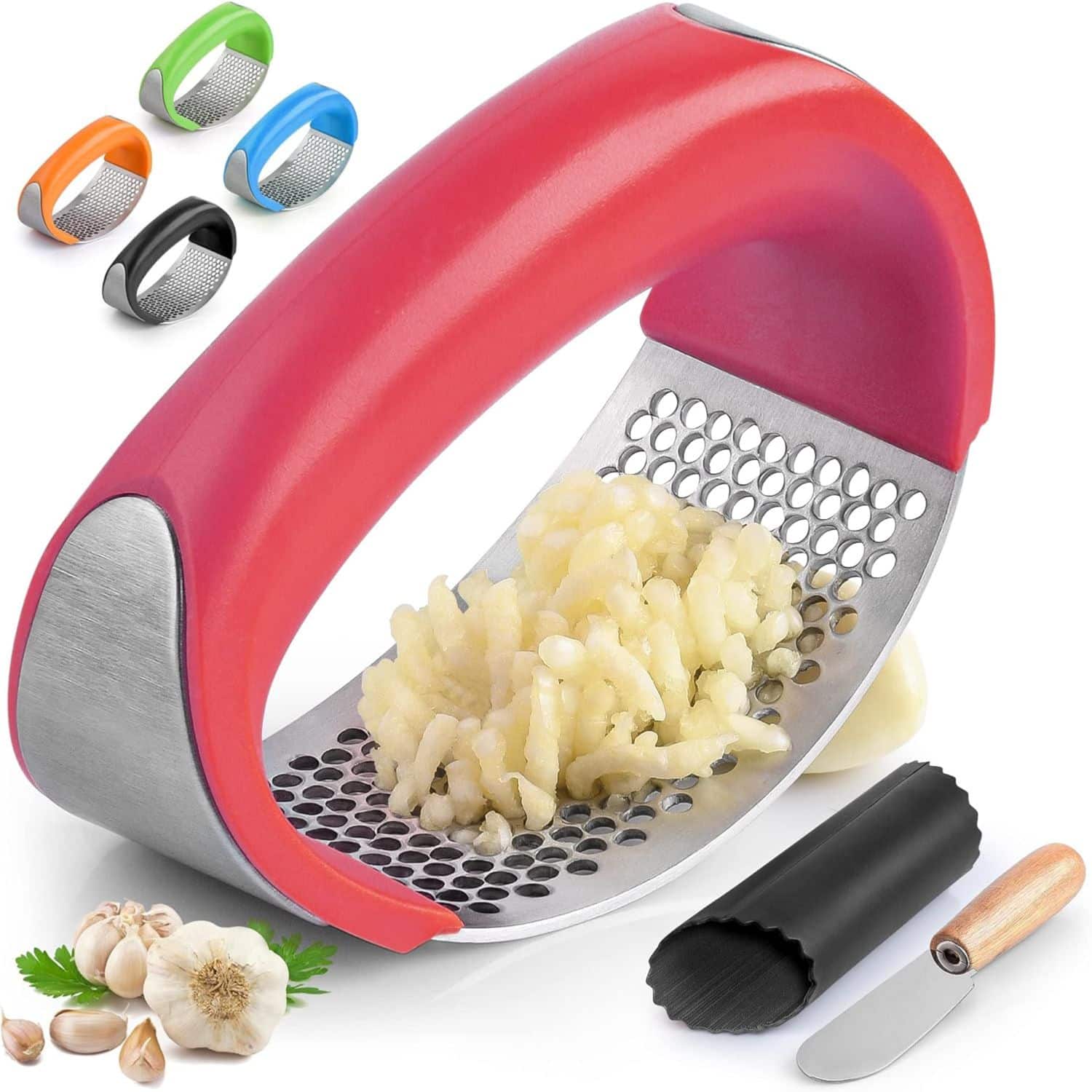 Zulay Kitchen - Stainless Steel Garlic Press Rocker with Peeler and Scraper - Red