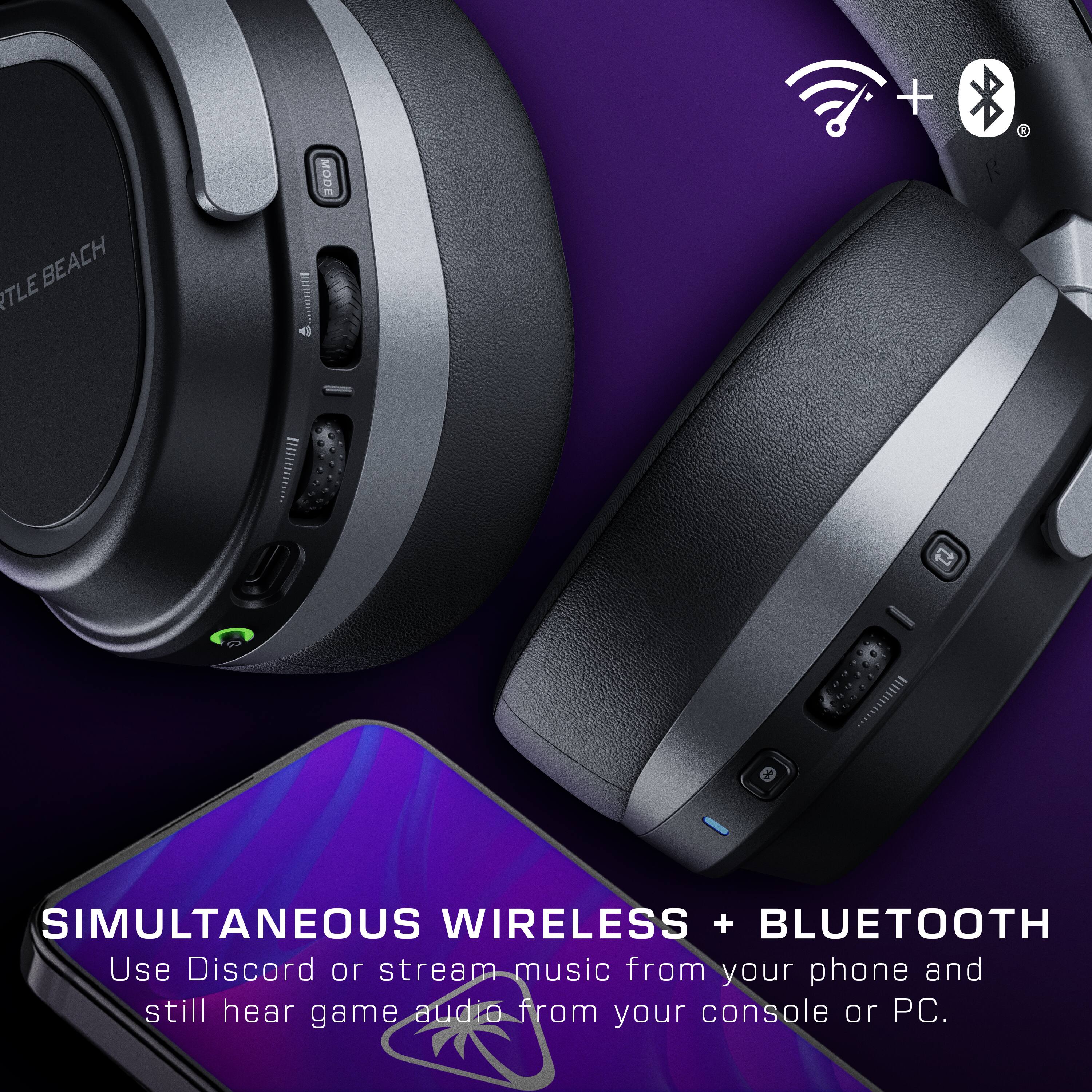 The text on the image is grouped and corrected as follows:

"Little Beach Mode 4+ Simultaneous Wireless + Bluetooth: Use Discord or stream music from your phone and still hear game audio from your console or PC."