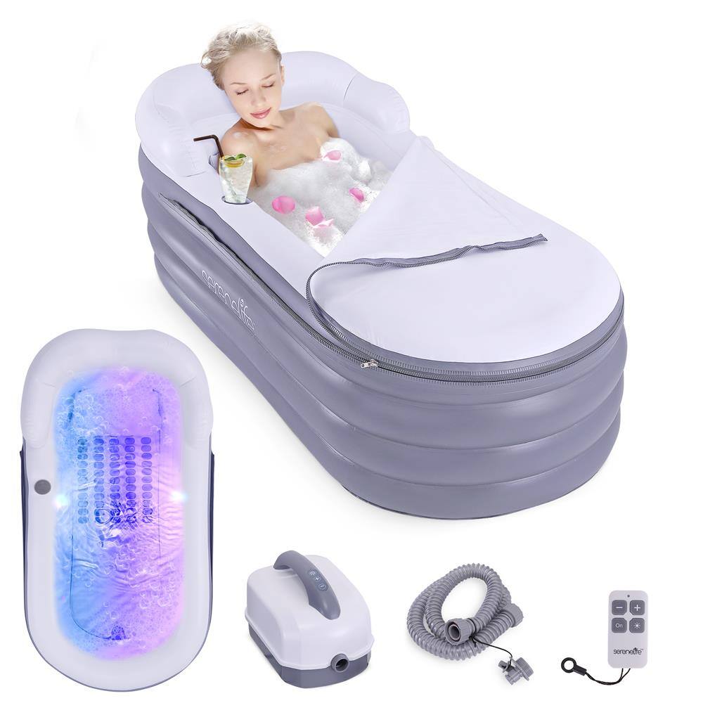 Front. SereneLife - SereneLife Inflatable Spa Bathtub with Bubble Massage Mat, Pillow, Cup Holder, LED Lighting, Remote Control - Charcoal.