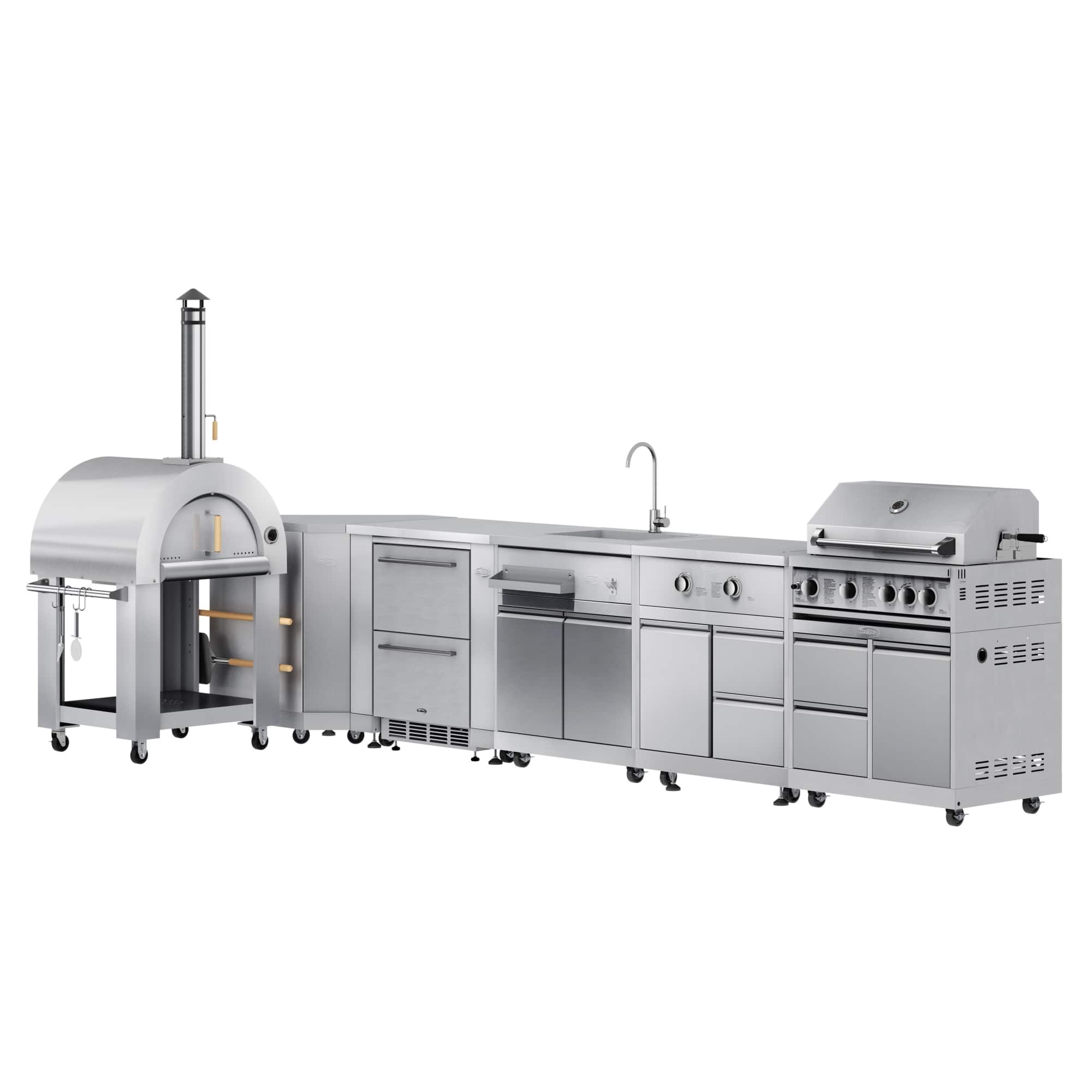 Koolmore - Wood Fire Pizza Oven, Corner Cabinet, Refrigerator and Cabinet, Sink, Side Burner and 30 in. BBQ Grill with Cabinet - Stainless Steel