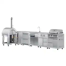 Koolmore - Wood Fire Pizza Oven, Corner Cabinet, Refrigerator and Cabinet, Sink, Side Burner and 30 in. BBQ Grill with Cabinet - Stainless Steel