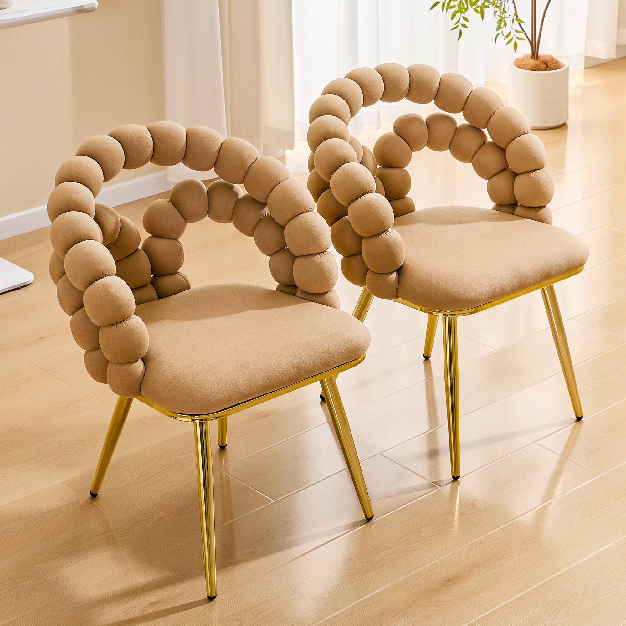Angle. Loheer - Loheer Velvet Dining Chair Set of 2 Bubble Back Brown Accent Chairs with Gold Metal Legs for Dining Room 1.92 ft - Brown,Gold.