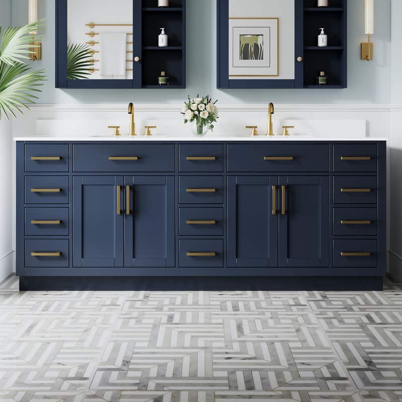 "WELLFOR - 84"" Solid Wood Bathroom Vanity with Double Sink, 4 Soft-Close Doors, 14 Drawers& Cultured Marble Countertop - Navy Blue" price history on PriceWatchPro