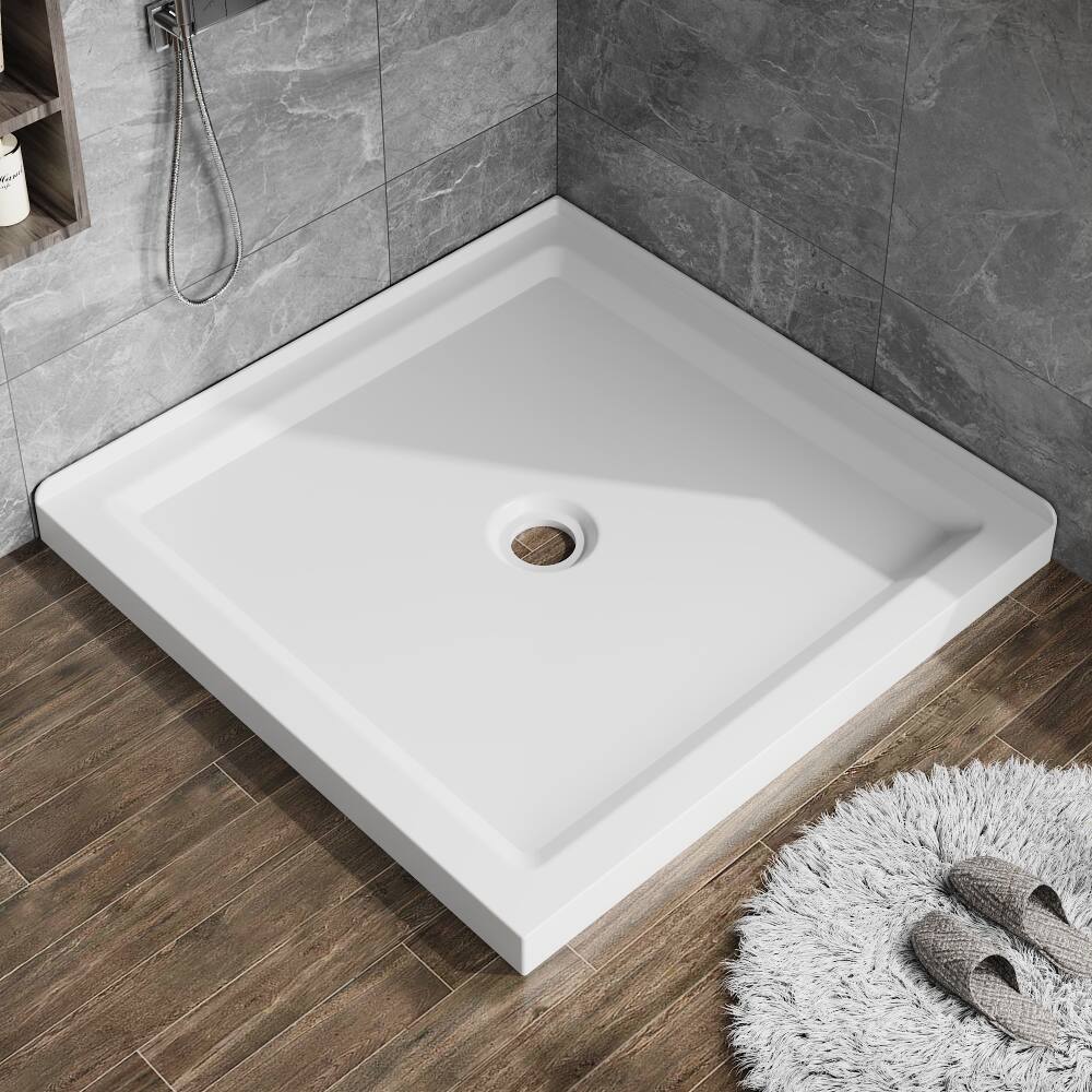 Alt View 1. JUJABU - 36"x36" Shower Base 3.3" Height Anti-slip Acrylic Center Drain Double Threshold Shower Basin in White - White.