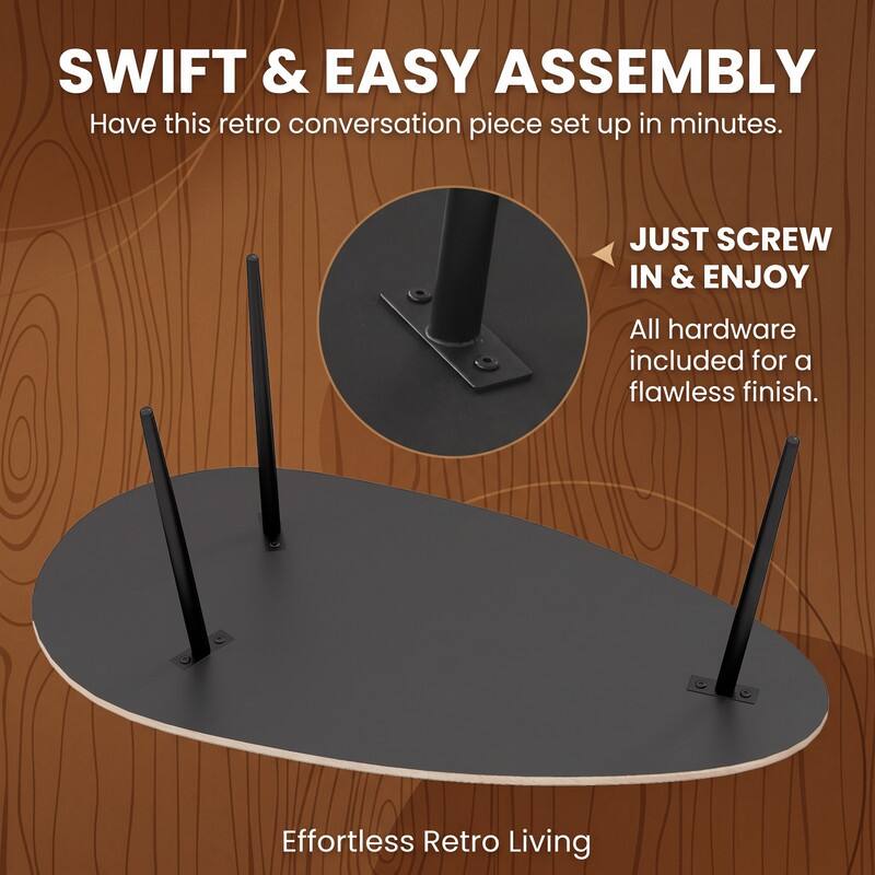 SWIFT & EASY ASSEMBLY  
Have this retro conversation piece set up in minutes.  

JUST SCREW IN & ENJOY  
All hardware included for a flawless finish.  

Effortless Retro Living