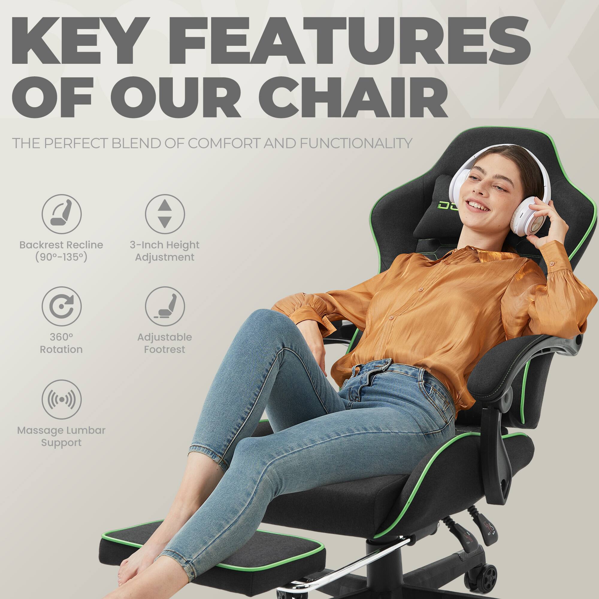 KEY FEATURES OF OUR CHAIR

THE PERFECT BLEND OF COMFORT AND FUNCTIONALITY

- Backrest Recline (90°-135°)
- 3-Inch Height Adjustment
- 360° Rotation
- Adjustable Footrest
- Massage Lumbar Support