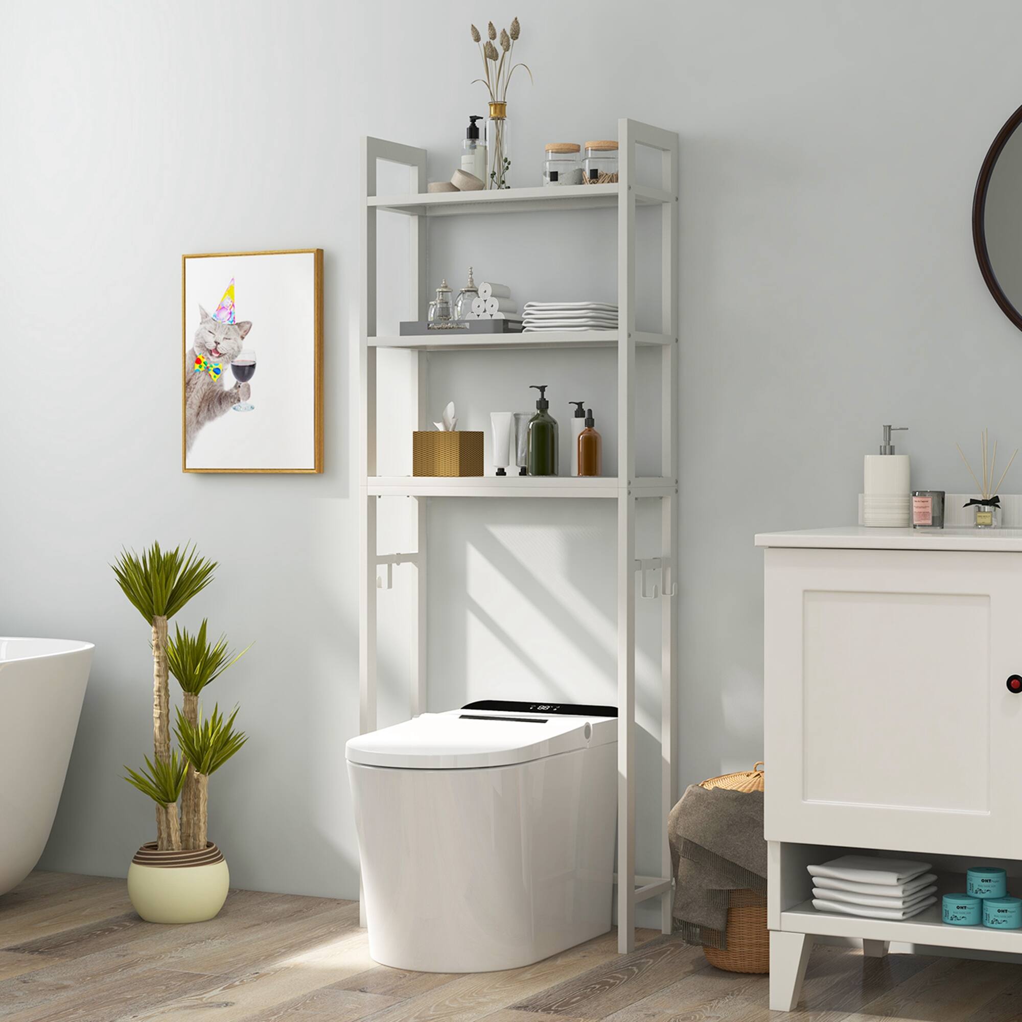Alt View 1. Costway - Costway Over-The-Toilet Storage Shelf Space Saving Metal Bathroom Organizer Hooks White - White.