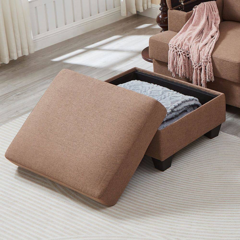 Alt View 7. Resenkos - 86" L-Shaped Sectional with Ottoman, 3-Seat Linen Couch with Armrest Organizer, Brown - Brown.