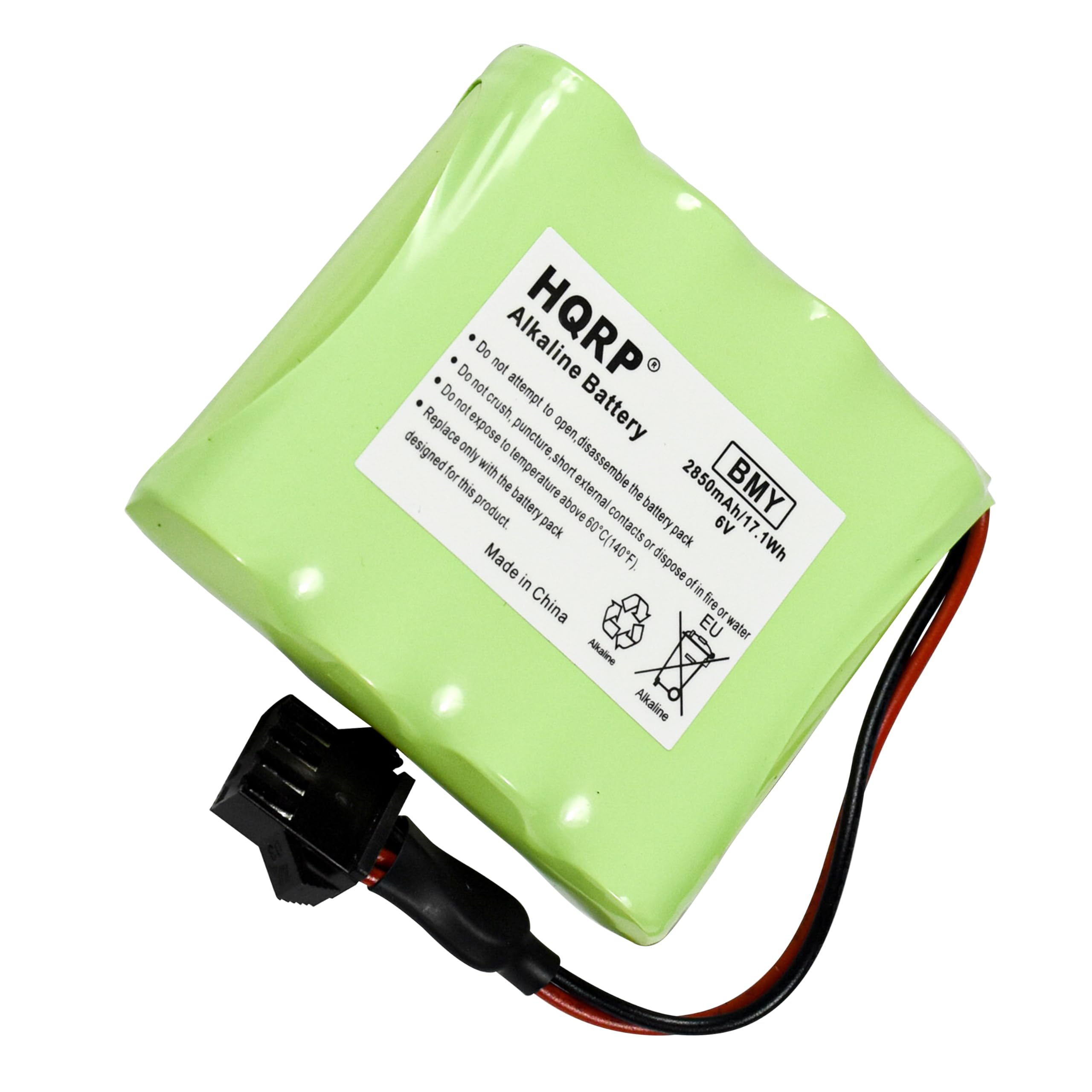 HQRP Alkaline Battery  
BMY  
2850mAh/17.6V 10.1Wh  
Made in China  

Do not attempt to open, disassemble the battery pack.  
Do not crush, puncture, or expose to temperature above 60°C (140°F).  
Do not expose to short external contacts or dispose in fire or water.  
Replace only with the battery pack designed for this product.  
Made in China  

EU  
Alkaline