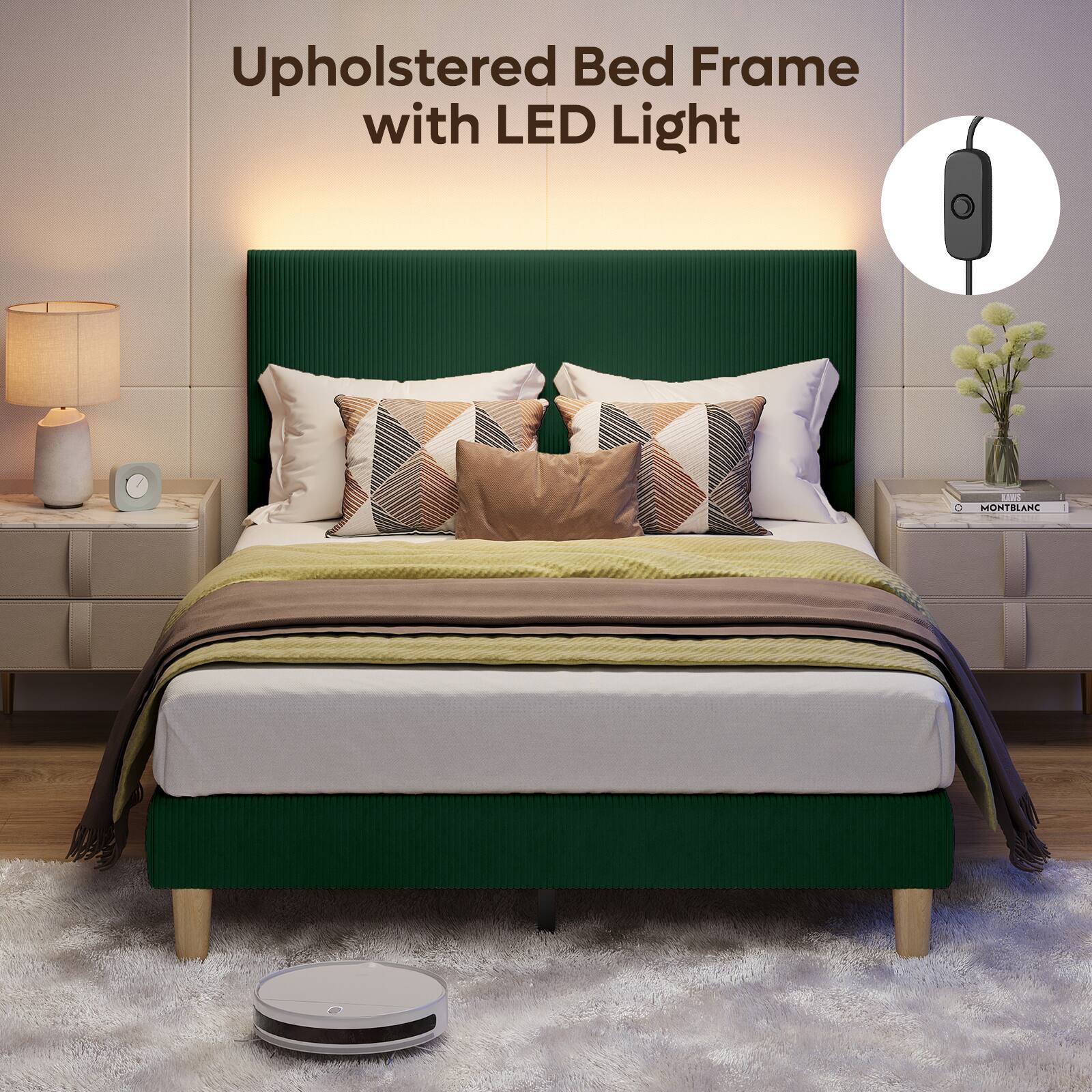 Upholstered Bed Frame with LED Light