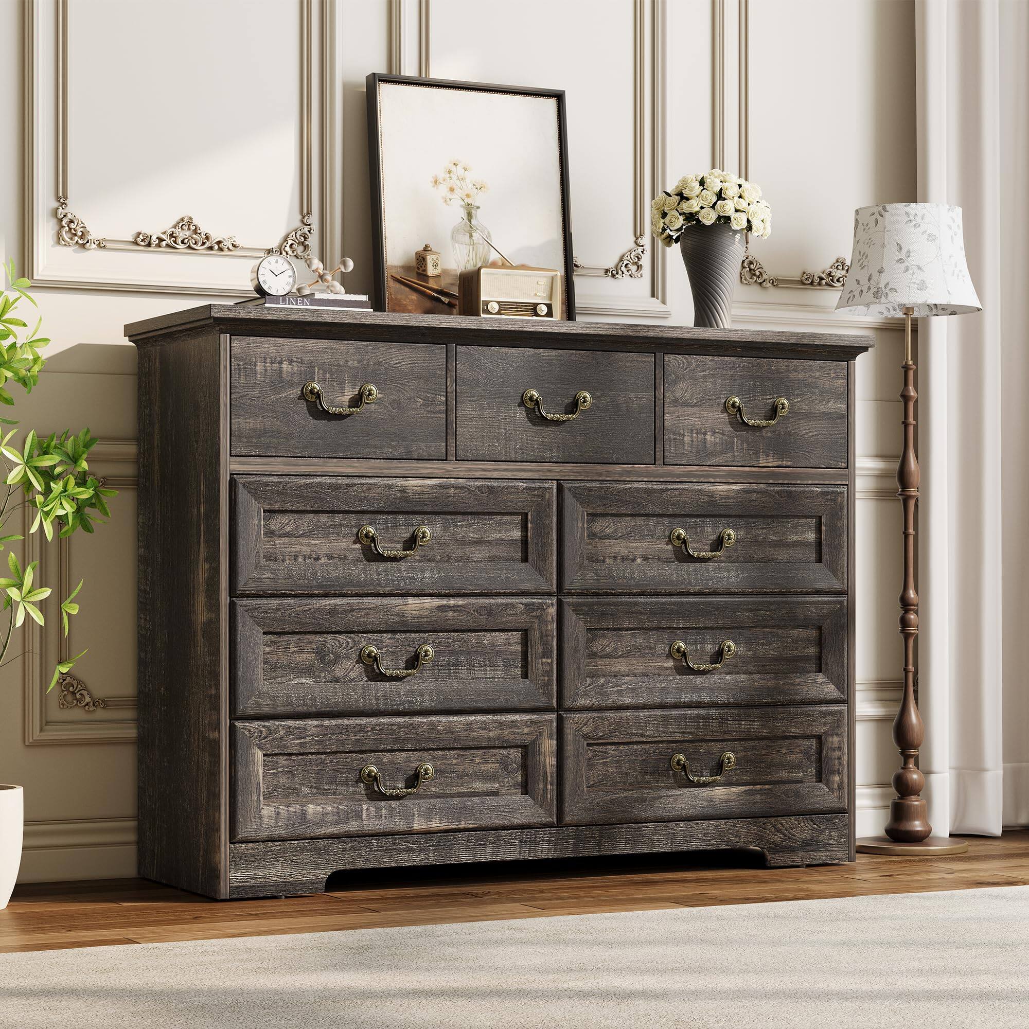 Front. Acekool - 9-Drawer Dresser for Bedroom,47" Wide Dresser Wood Vintage Chest of Drawers with Natural Texture and Vintage Gold Handle - Black.