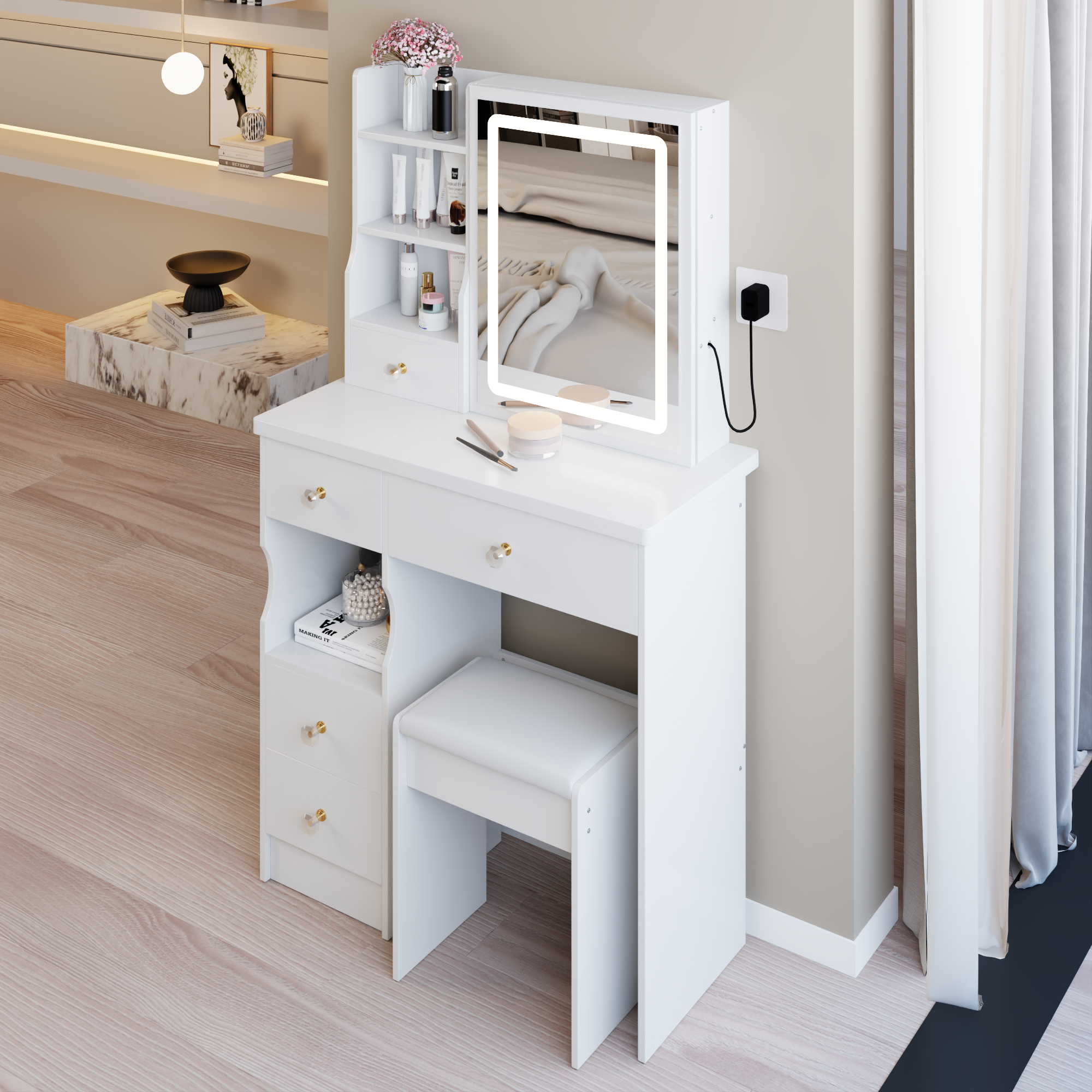 Alt View 5. Ecooso - Small Size Vanity Table with Left Drawer, Cushioned Stool, Touch Control, Tri-color LED Mirror, High Storage - White.