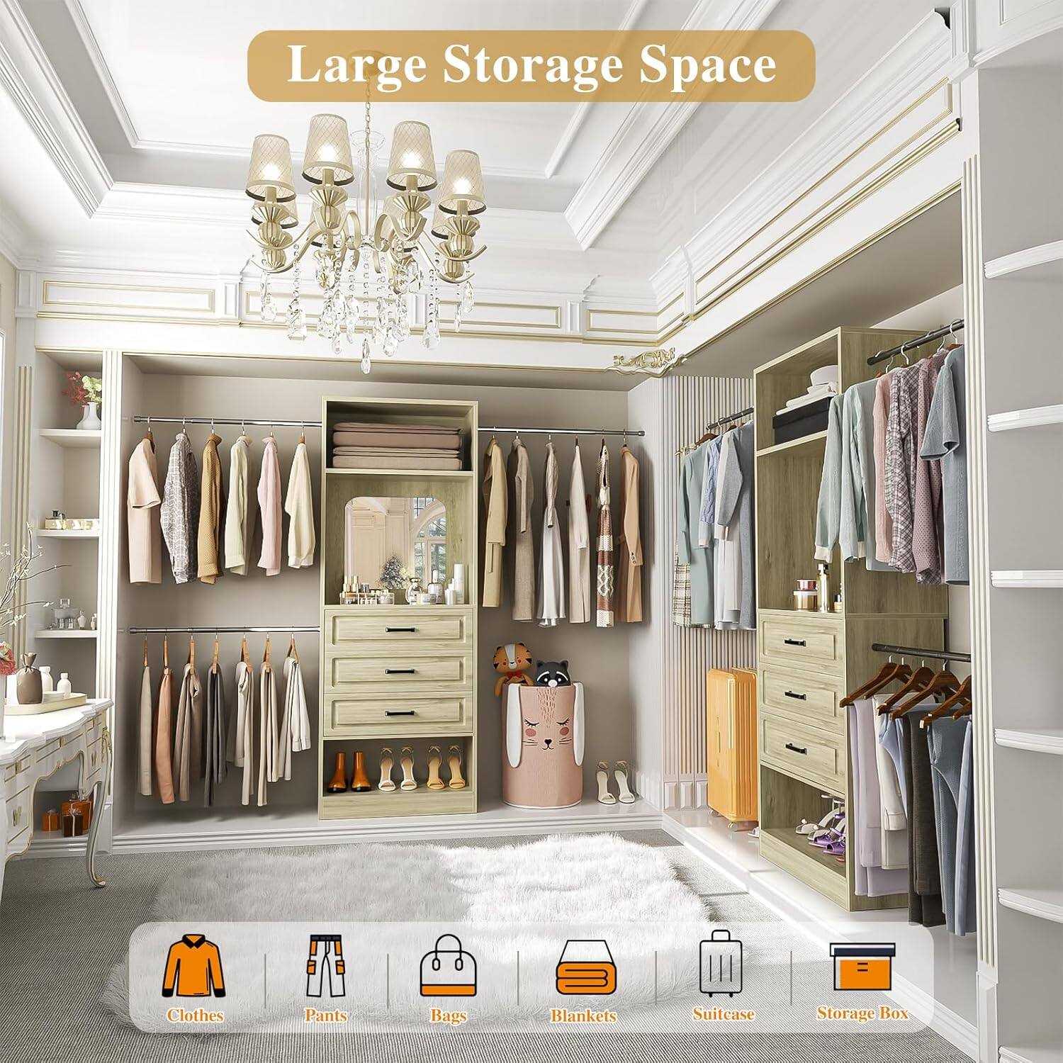 Large Storage Space  
Clothes  
Pants  
Bags  
Blankets  
Suitcase  
Storage Box