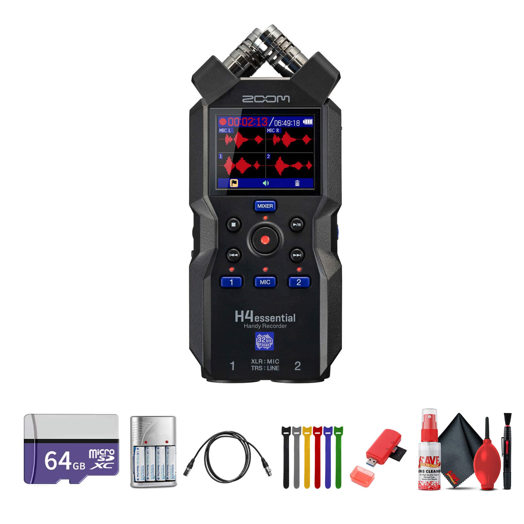 Zoom - H4essential 4-Track 32-Bit Float Audio Recorder, Memory Card 64GB, Bundle