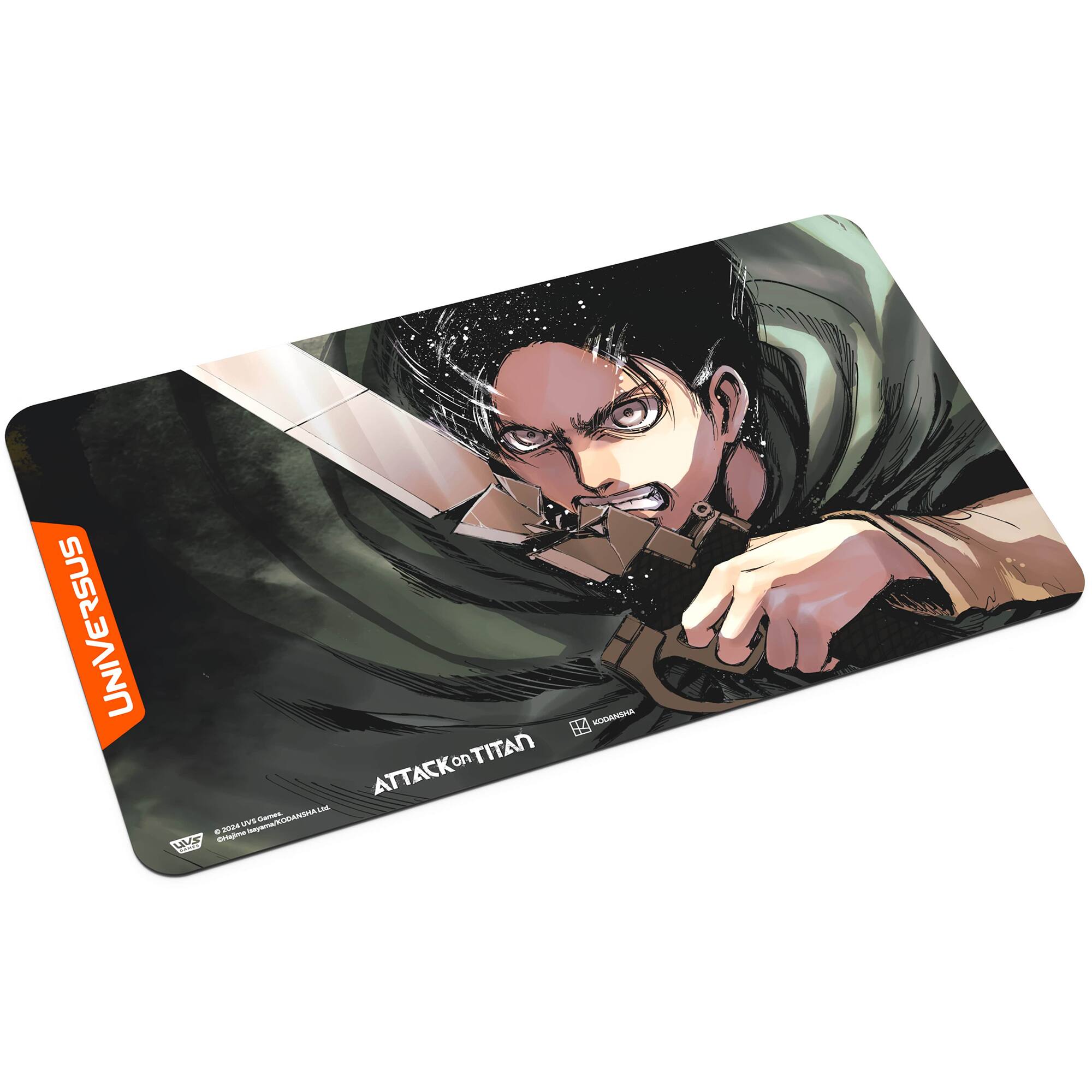 Attack on Titan is the title of the image, which features a character from the popular anime and manga series. The image showcases a close-up of the character holding a sword, emphasizing the action and intensity of the scene.