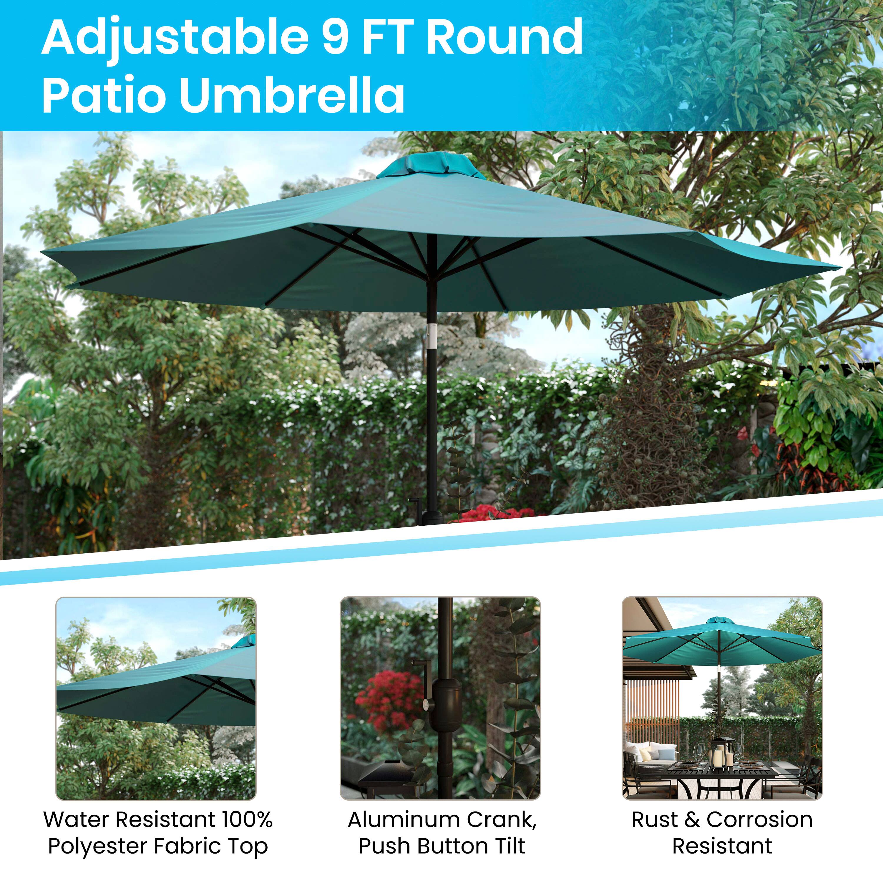 Adjustable 9 FT Round Patio Umbrella

- Water Resistant 100% Polyester Fabric Top
- Aluminum Crank, Push Button Tilt
- Rust & Corrosion Resistant