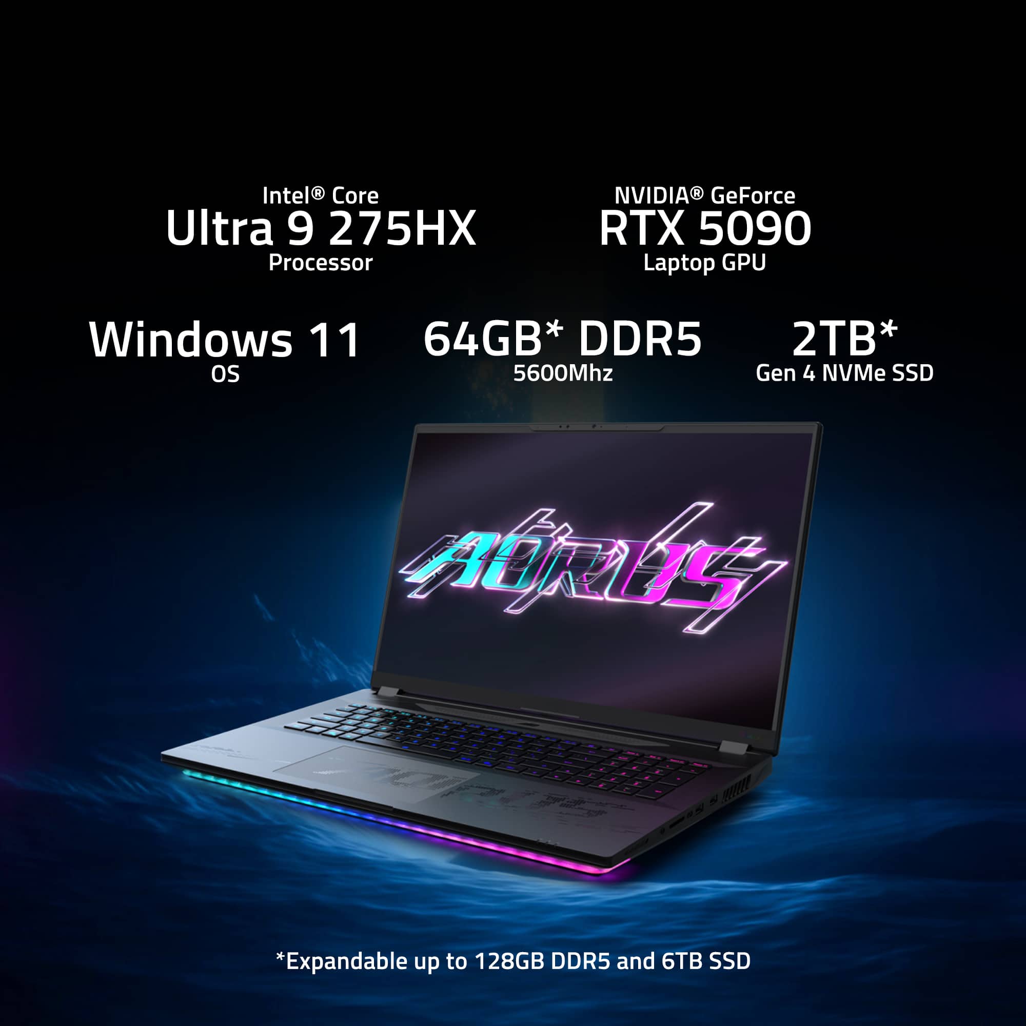 Intel Core Ultra 9 275HX Processor, NVIDIA GeForce RTX 5090 Laptop GPU, Windows 11 OS, 64GB* DDR5 5600Mhz, 2TB* Gen 4 NVMe SSD, *Expandable up to 128GB DDR5 and 6TB SSD