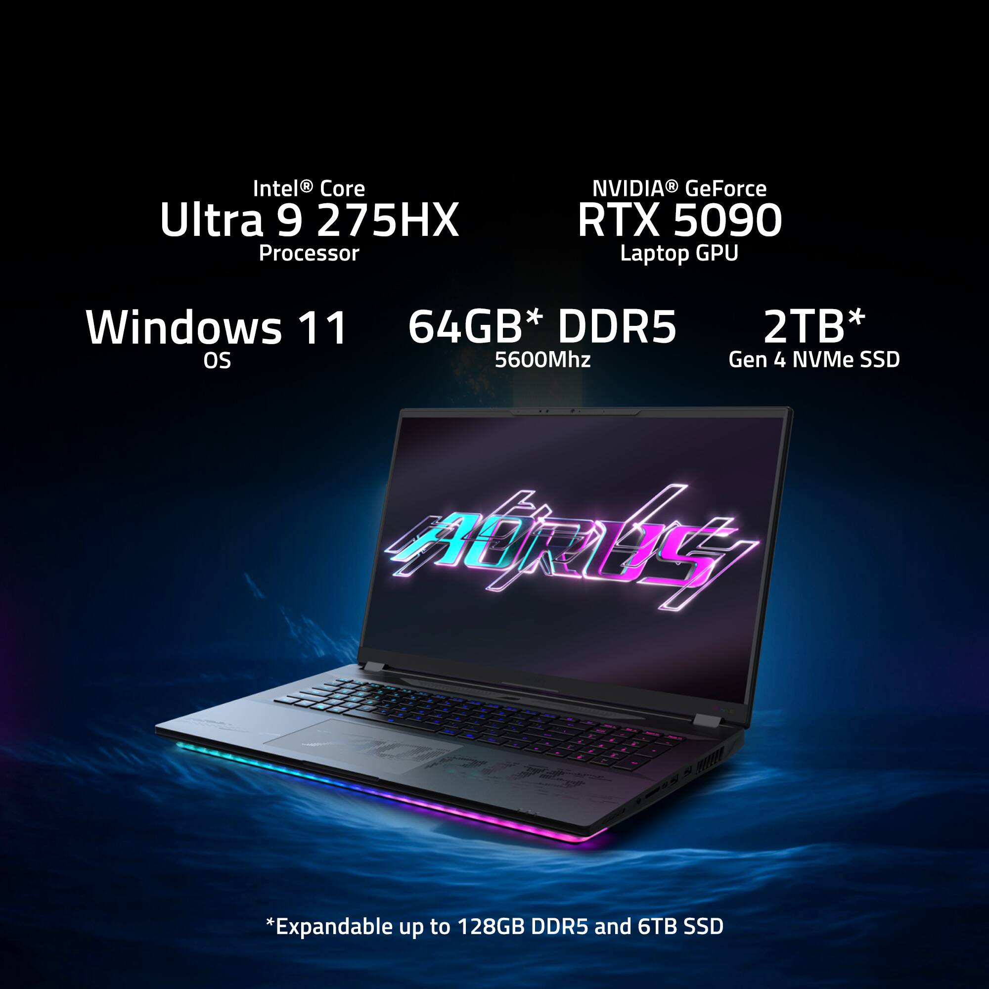 Intel Core Ultra 9 275HX Processor, NVIDIA GeForce RTX 5090 Laptop GPU, Windows 11 OS, 64GB* DDR5 5600Mhz, 2TB* Gen 4 NVMe SSD, *Expandable up to 128GB DDR5 and 6TB SSD