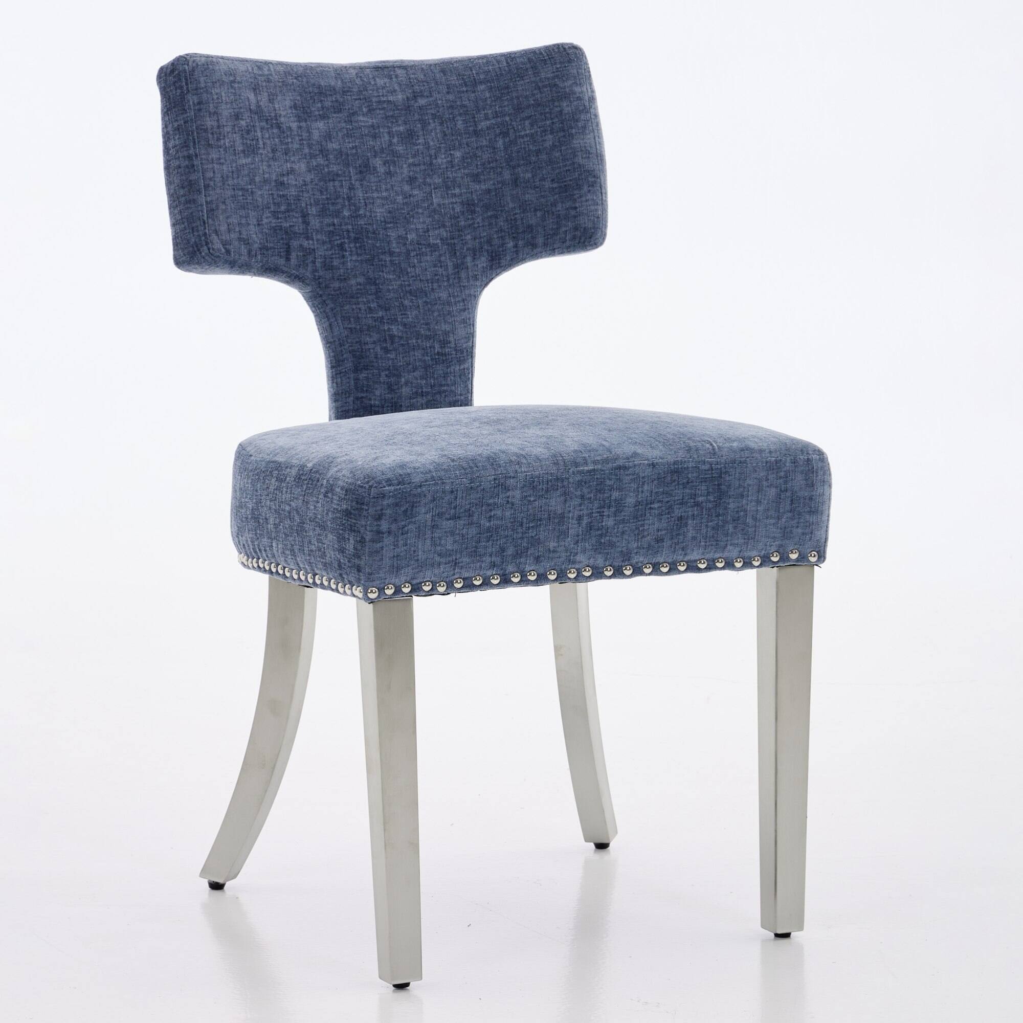 Left. GOODSILO - Modern Upholstered Dining Chairs Set of 2 with Curved Backrest and Stainless Steel Legs - Blue.