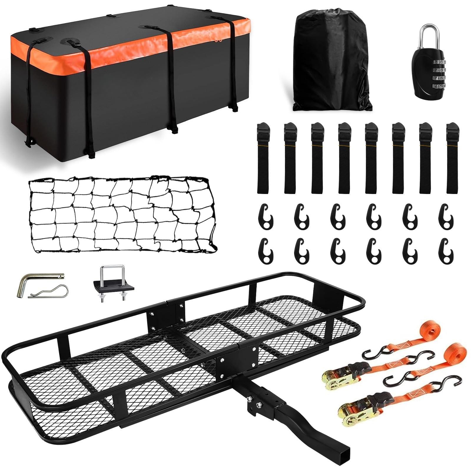 NICHOLAS KLEIN - Lugglage Basket Folds Flat Heavy Duty Hitch Cargo With Waterproof Bag aluminum - 60x20x6 Inch with Bag