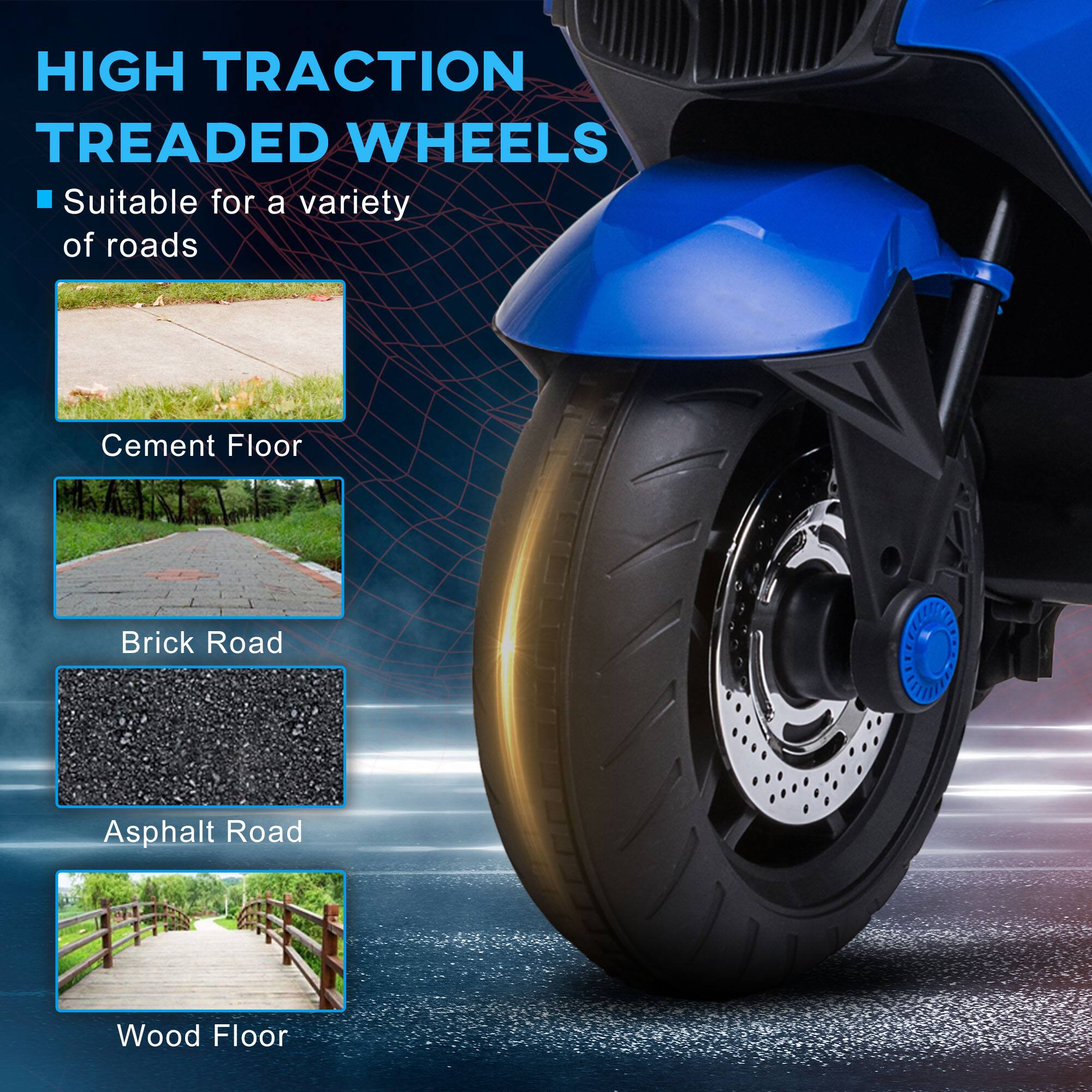 HIGH TRACTION TREADED WHEELS  
Suitable for a variety of roads  
- Cement Floor  
- Brick Road  
- Asphalt Road  
- Wood Floor