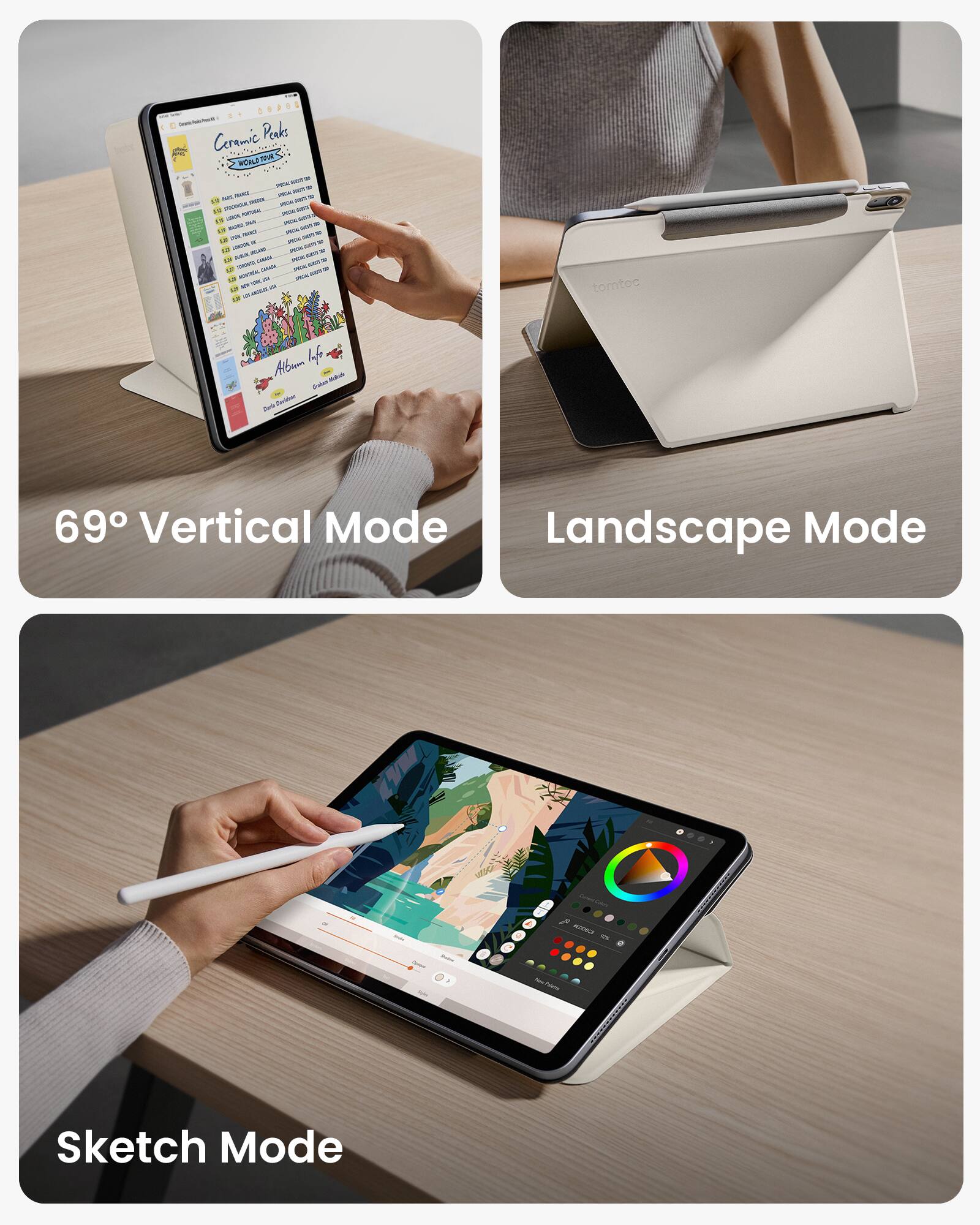 The image shows a person using a tablet computer with different modes displayed. The modes include Vertical Mode, Landscape Mode, and Sketch Mode. The tablet is placed on a wooden desk, and the person is interacting with the device. The image highlights the versatility of the tablet and its ability to adapt to various tasks and activities.