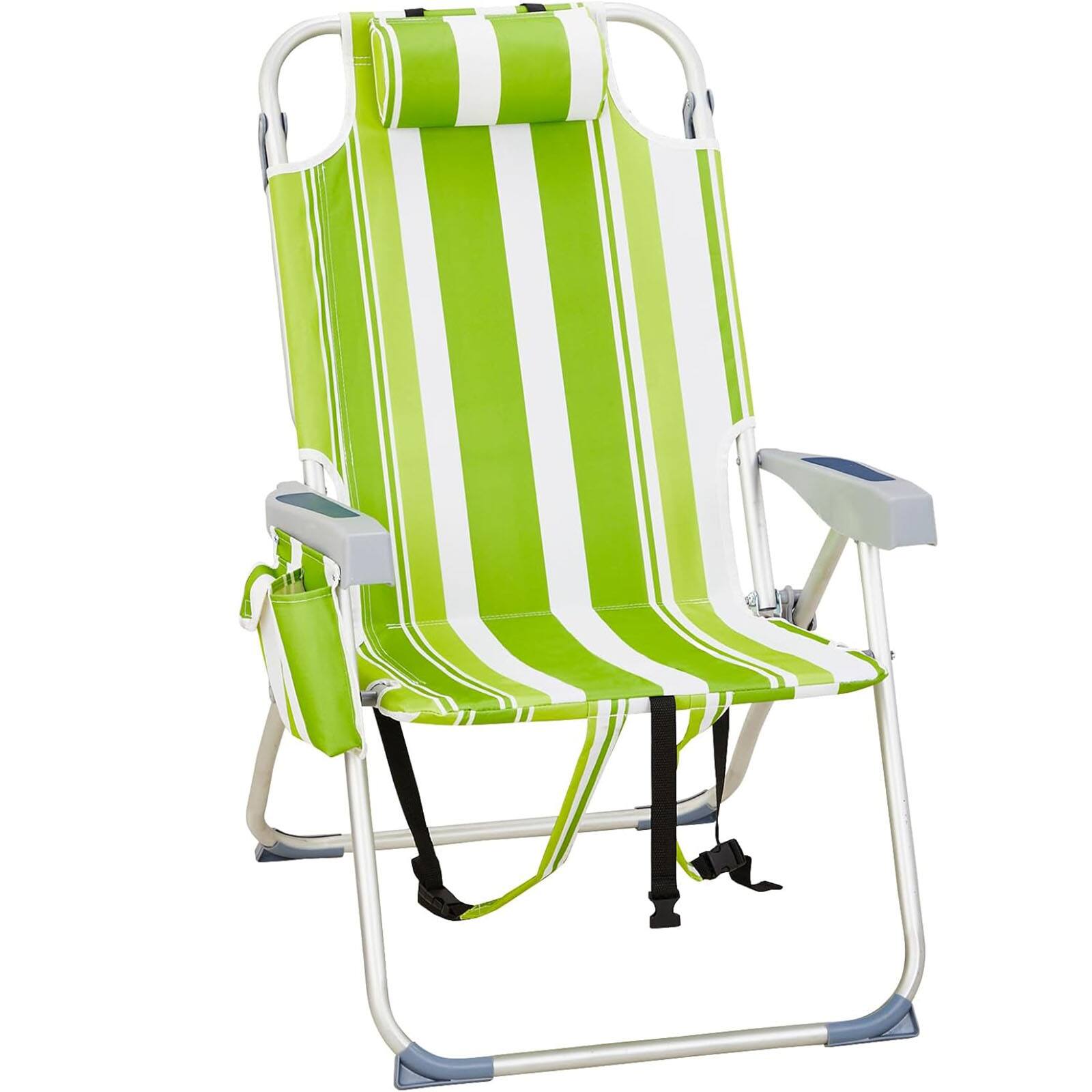 Chateau Abodes - Outdoor Backpack Beach Chair, 5-Position Reclining with Towel Bar, Cooler Pouch, Cup Holder & Backpack Straps - Green Stripes