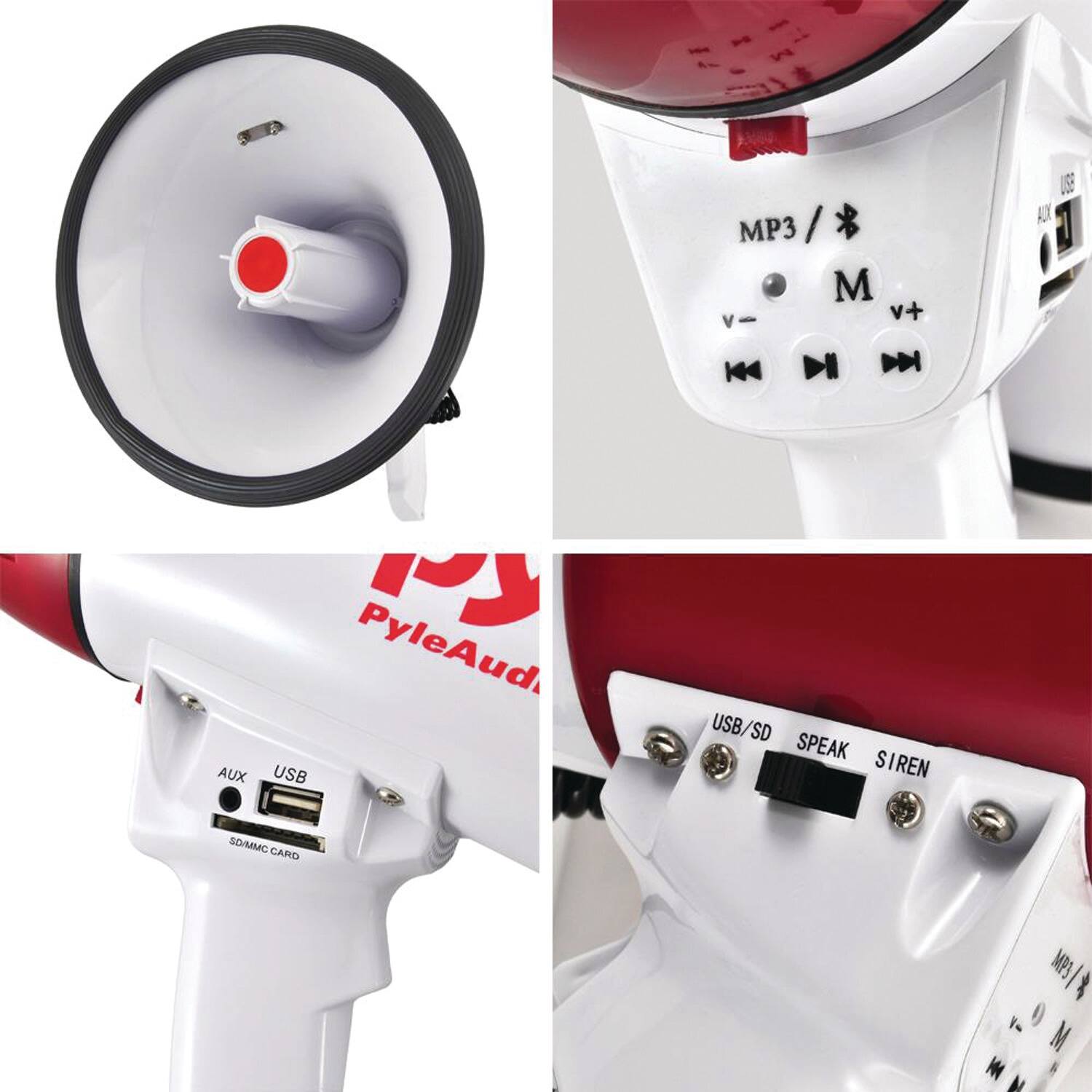 Sure, here is the corrected and grouped text from the image:

- MP3 / M
- v-
- v+
- USB/SD
- SPEAK
- SIREN
- AUX
- USB
- SD/MMC CARD
- PyleAud