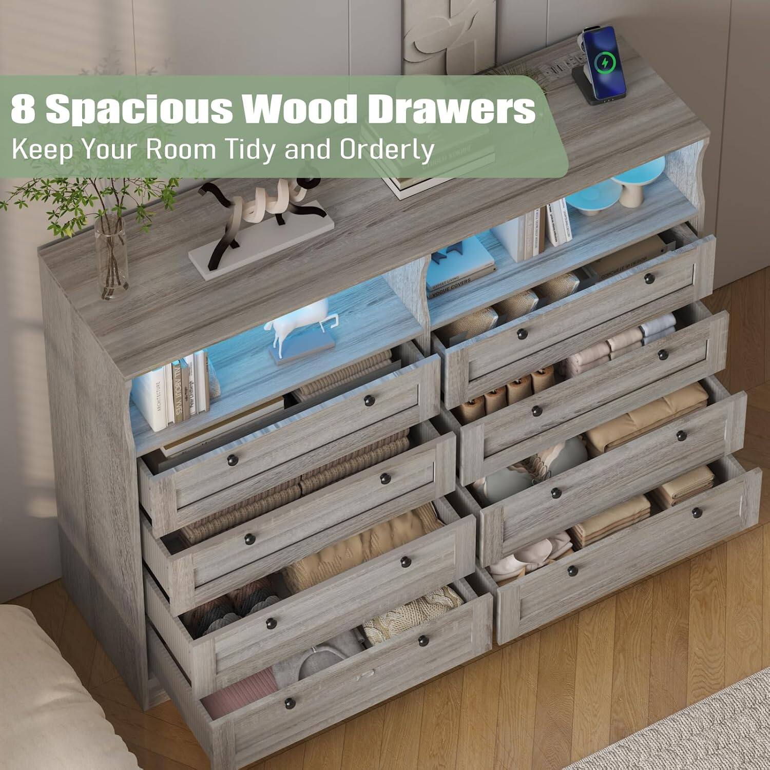 8 Spacious Wood Drawers  
Keep Your Room Tidy and Orderly
